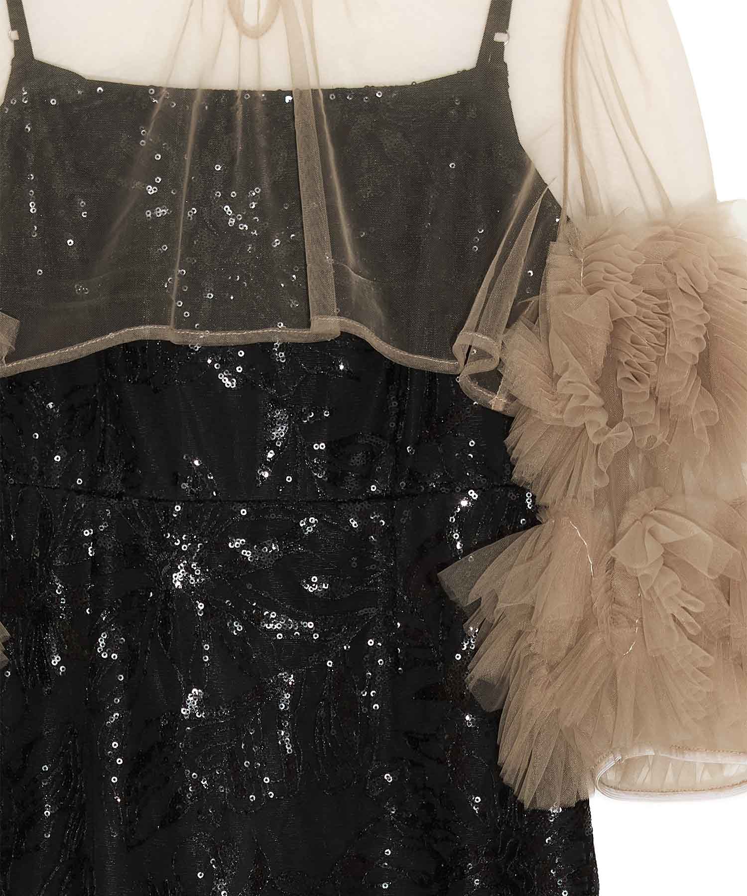 【一部当日発送】フラワースパンコールチュールフリルスリーブIラインワンピースドレス