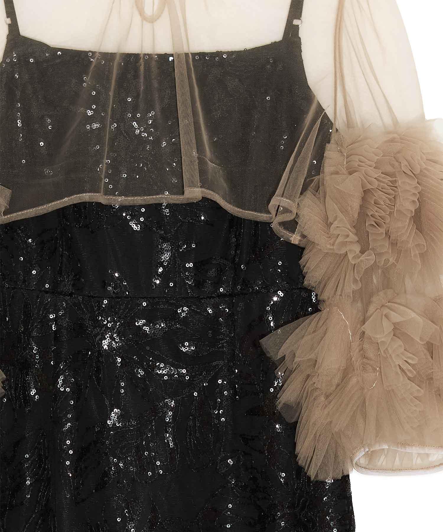 【予約販売】フラワースパンコールチュールフリルスリーブIラインワンピースドレス