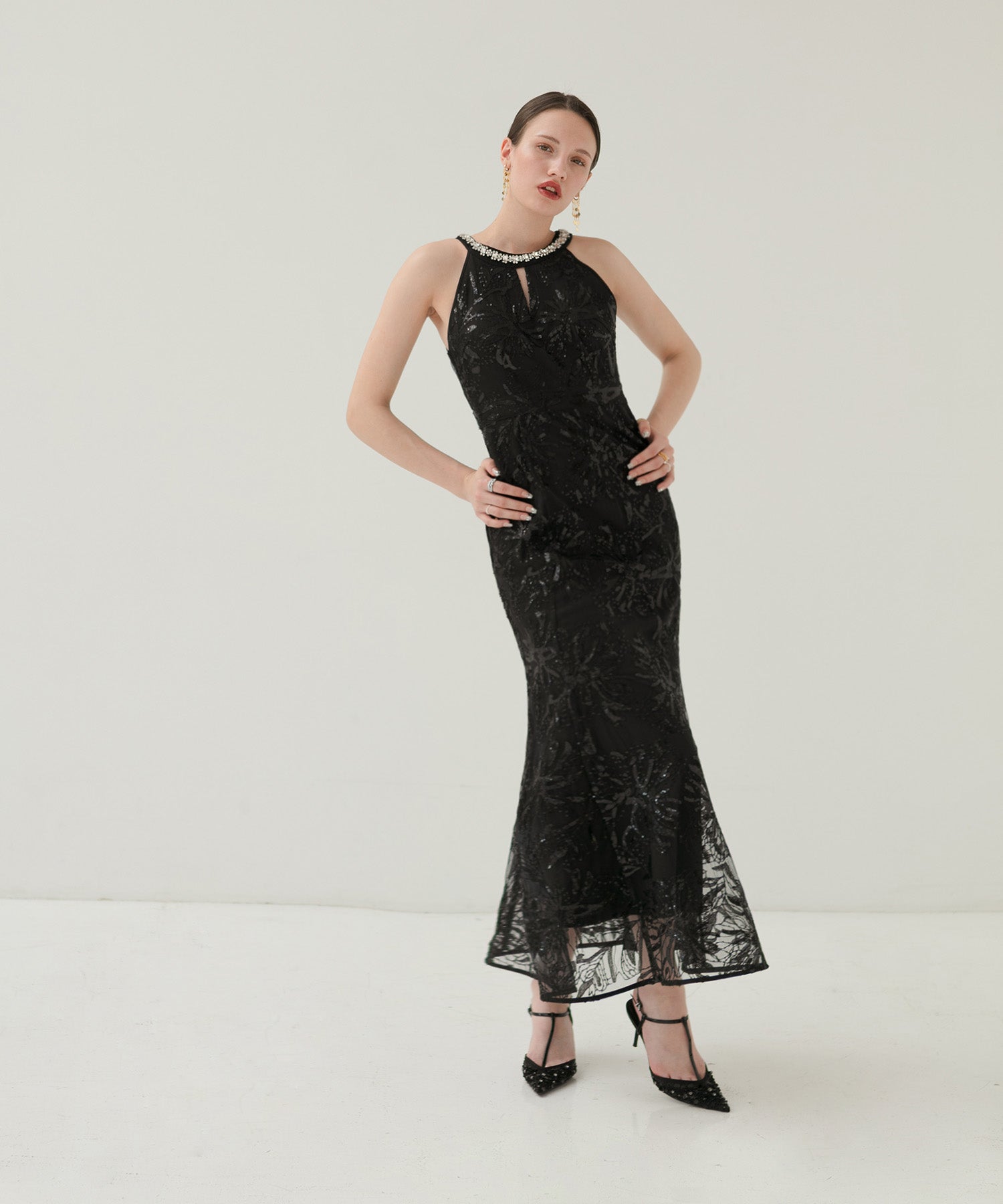 【LEJA LUXE】Beaded halter neck botanical mermaid dress