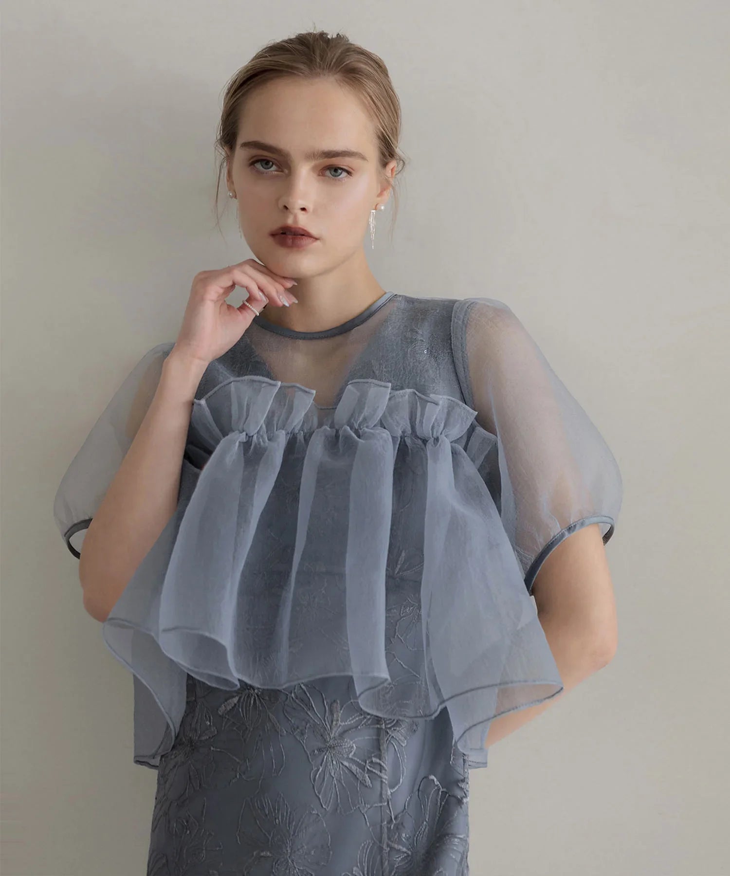 【当日発送】ボリュームシアーフリルジャガードIラインワンピースドレス