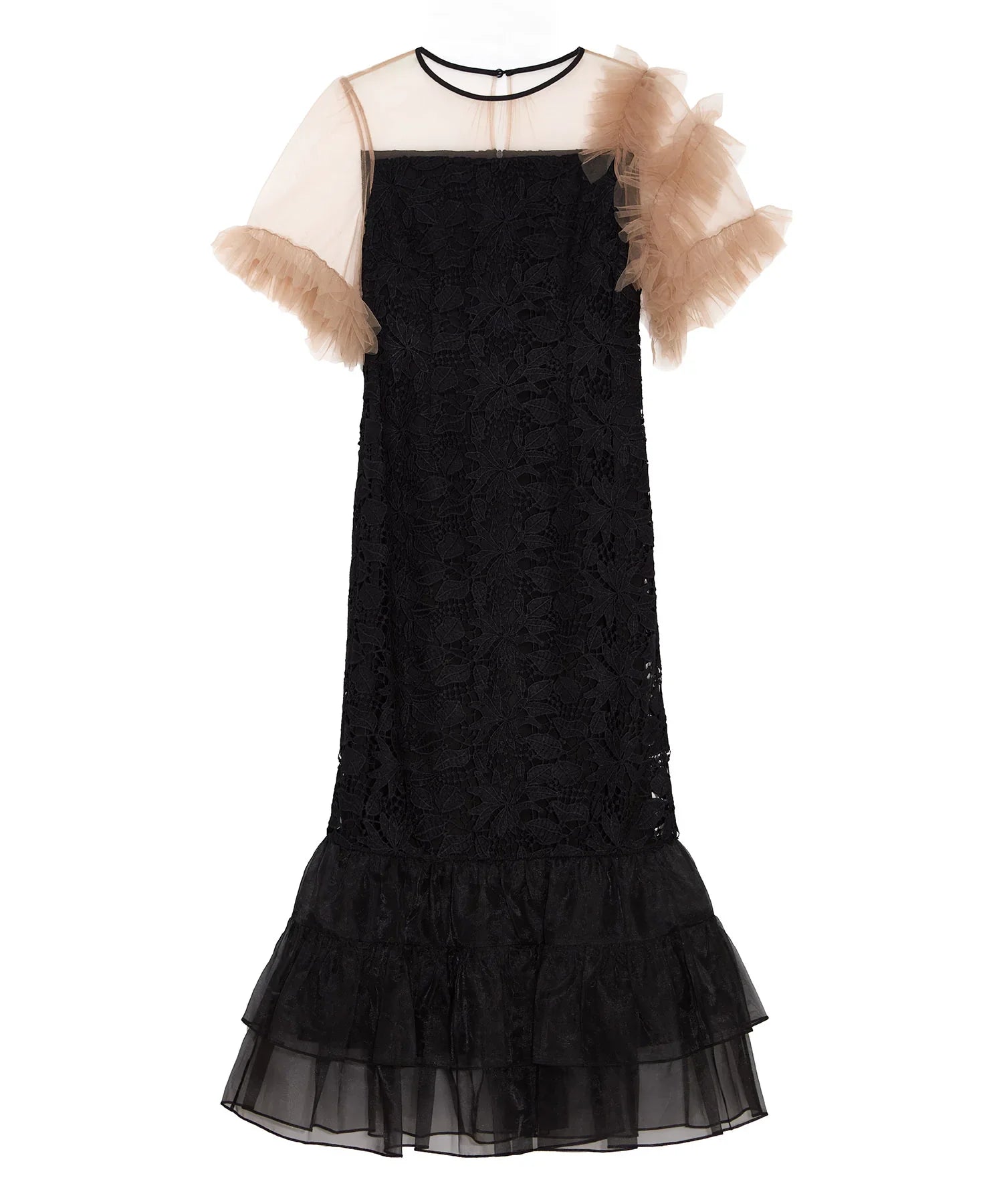 【一部当日発送】アシンメトリーチュールスリーブレースフリルヘムIラインワンピースドレス