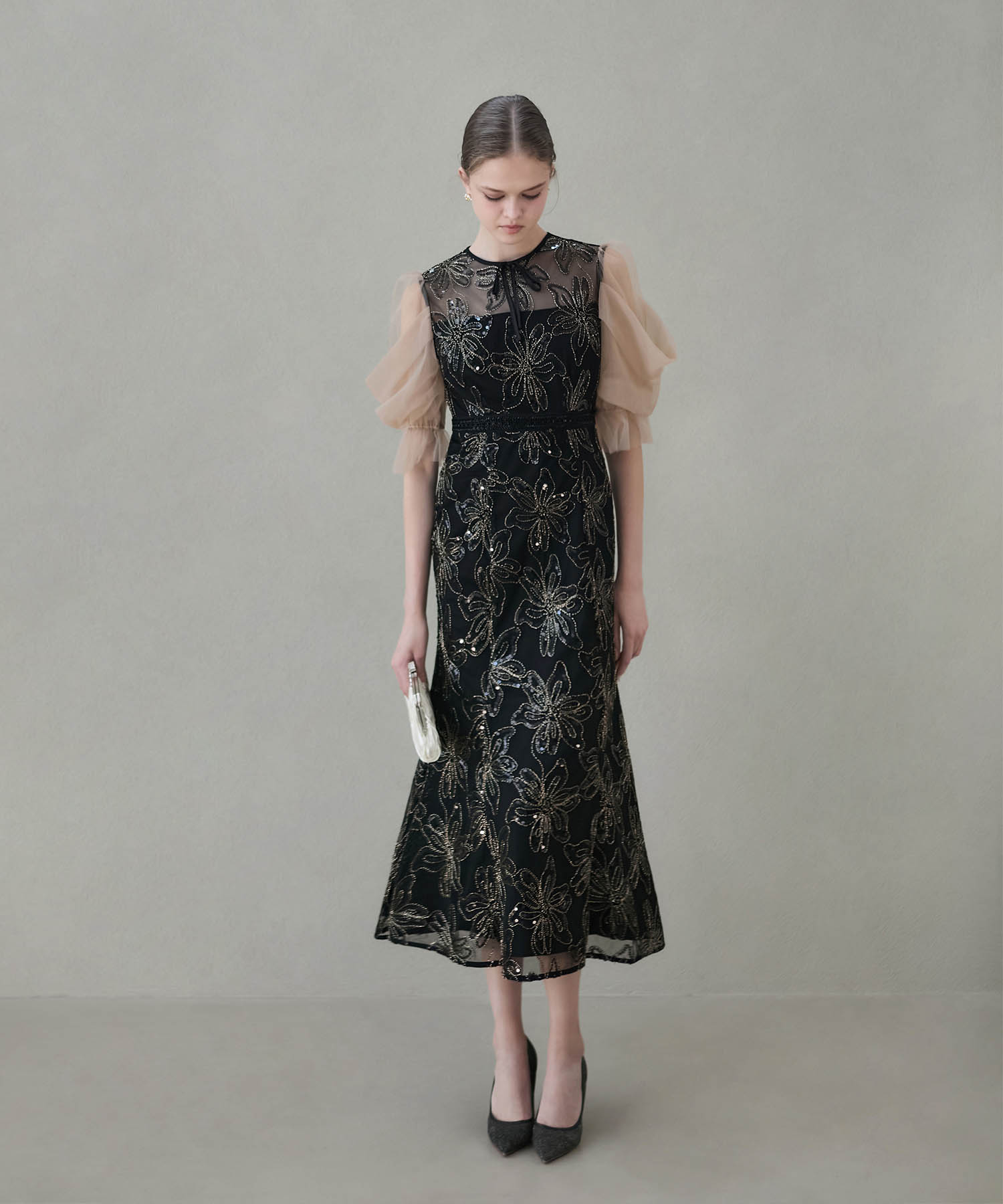 【予約販売】スパンコールフラワーリボンチュールワンピースドレス