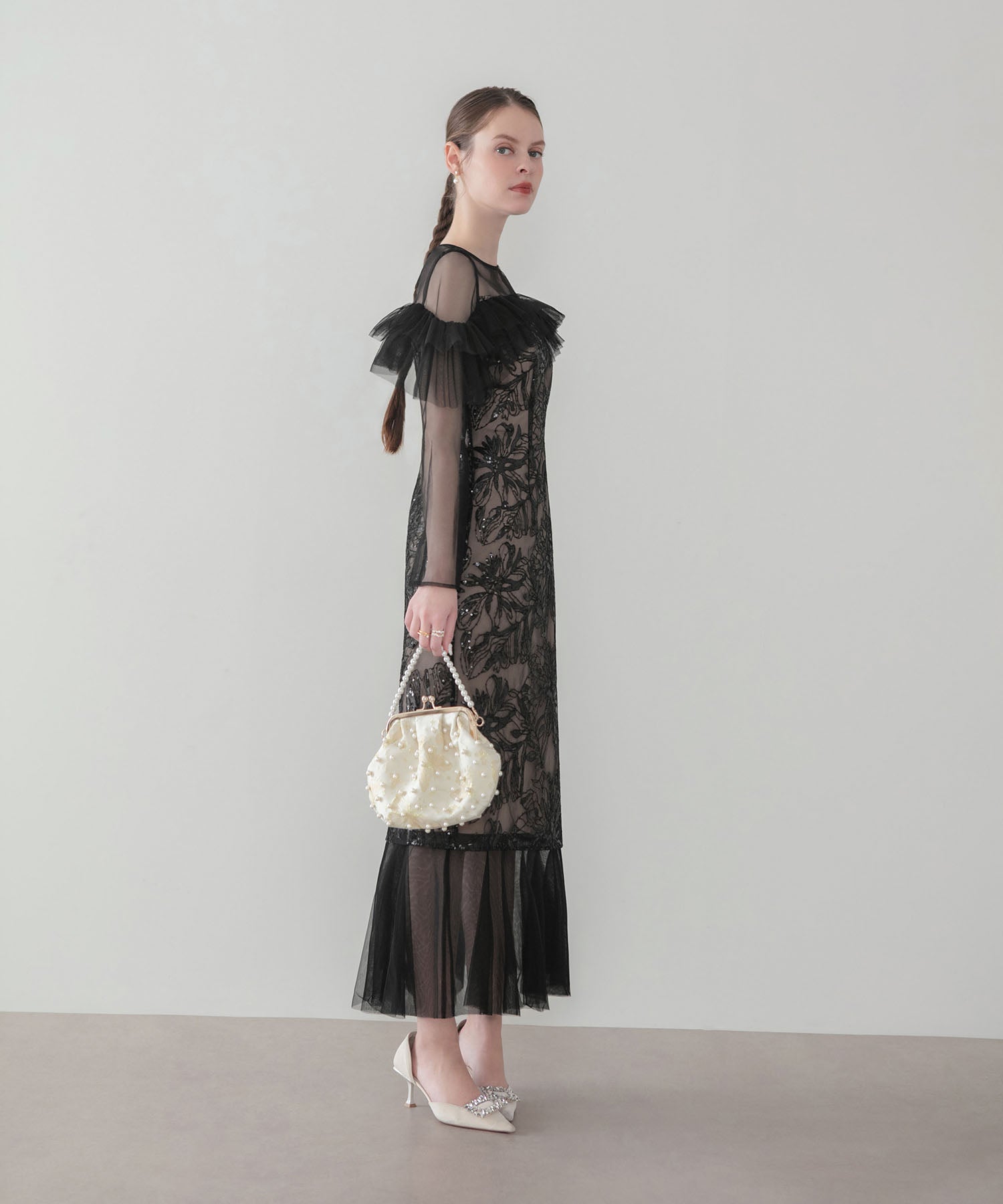 【COMING SOON】フラワースパンコールヘムチュールIラインワンピースドレス