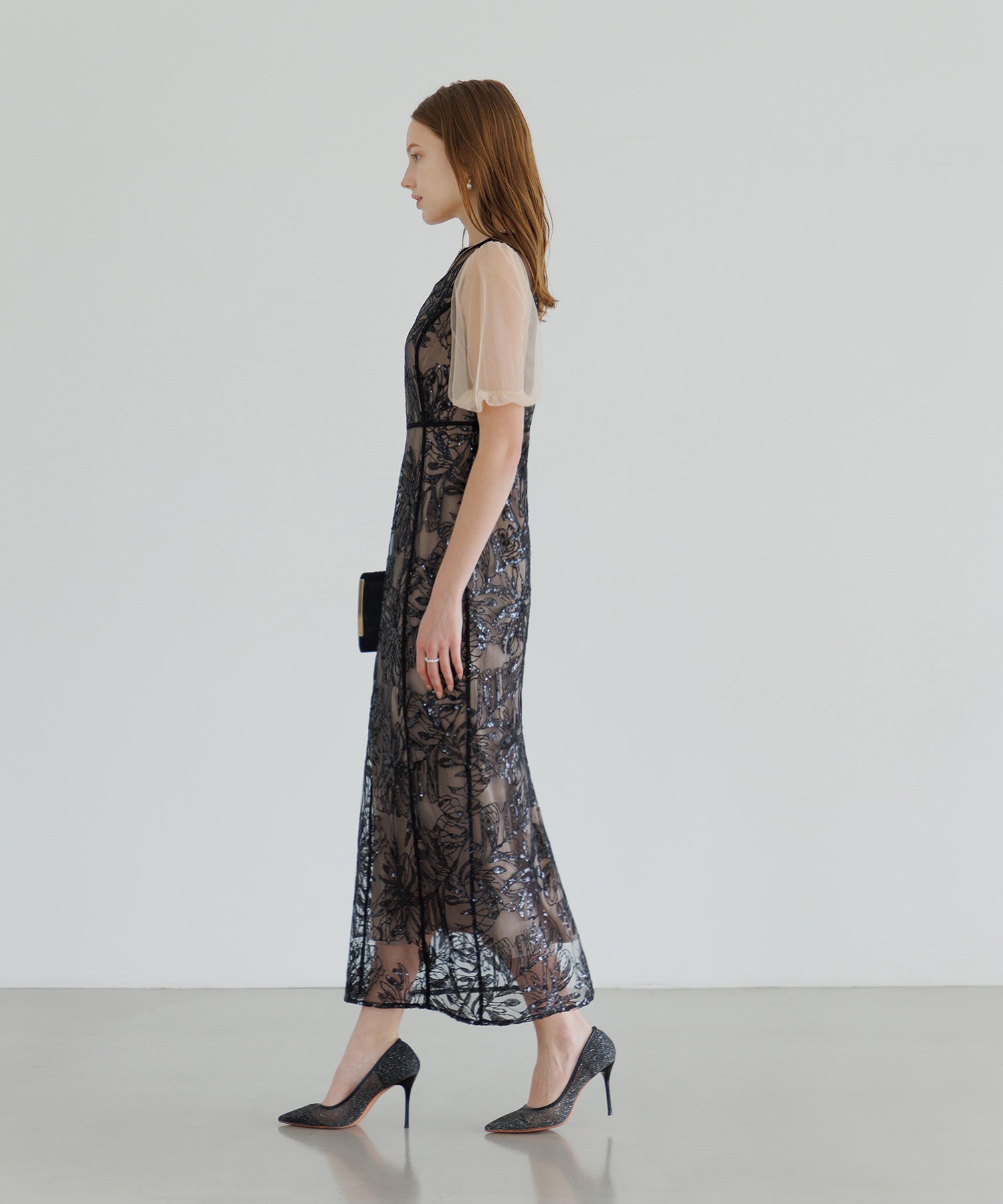 【当日発送】アシンメトリーシアーフラワーワンピースドレス