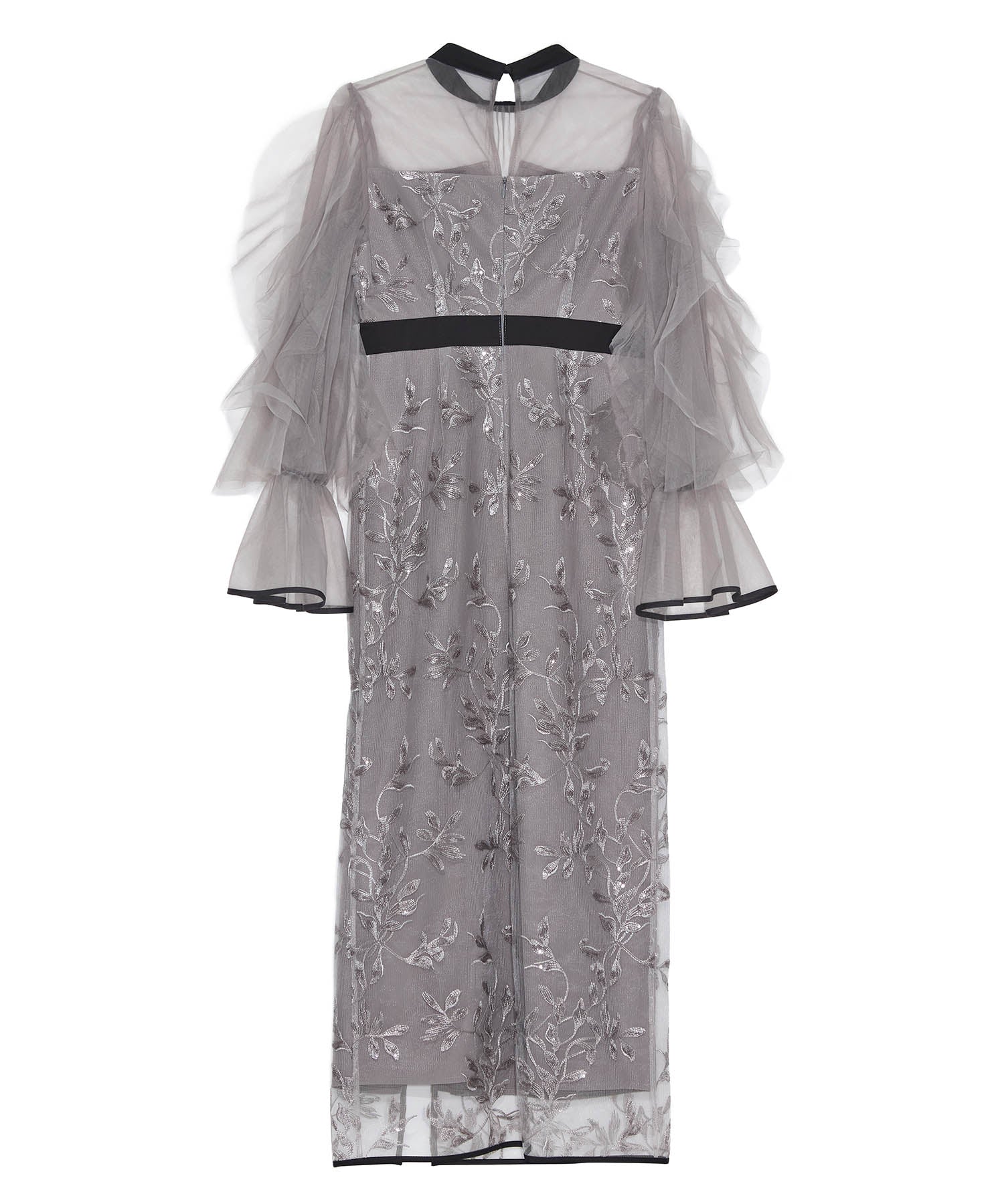 【当日発送】パイピングチュールシアースリーブスパンコールフラワーIラインワンピースドレス