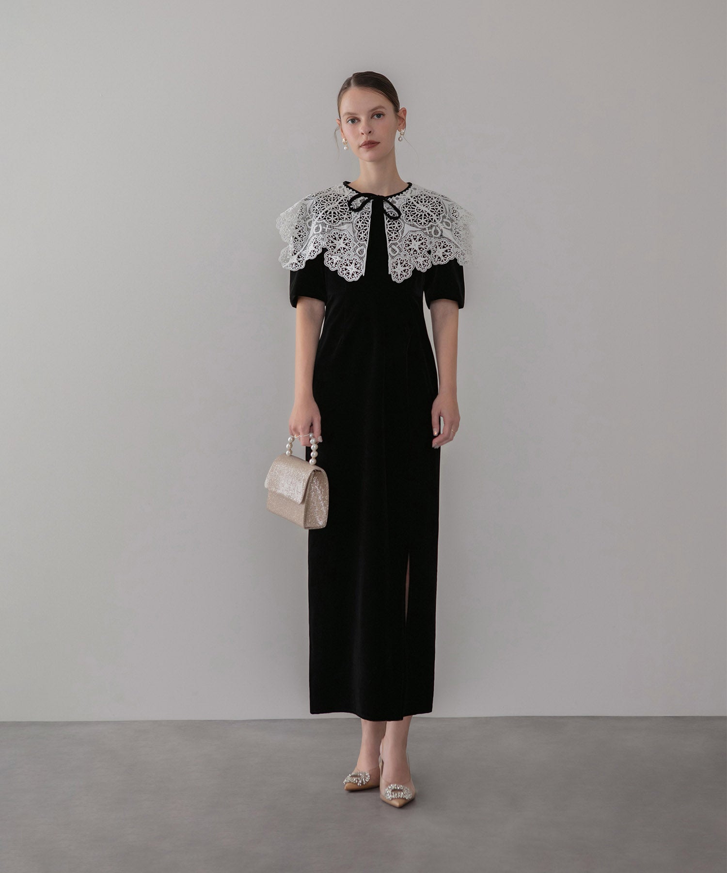 【当日発送】レースカラーベロアIラインワンピースドレス