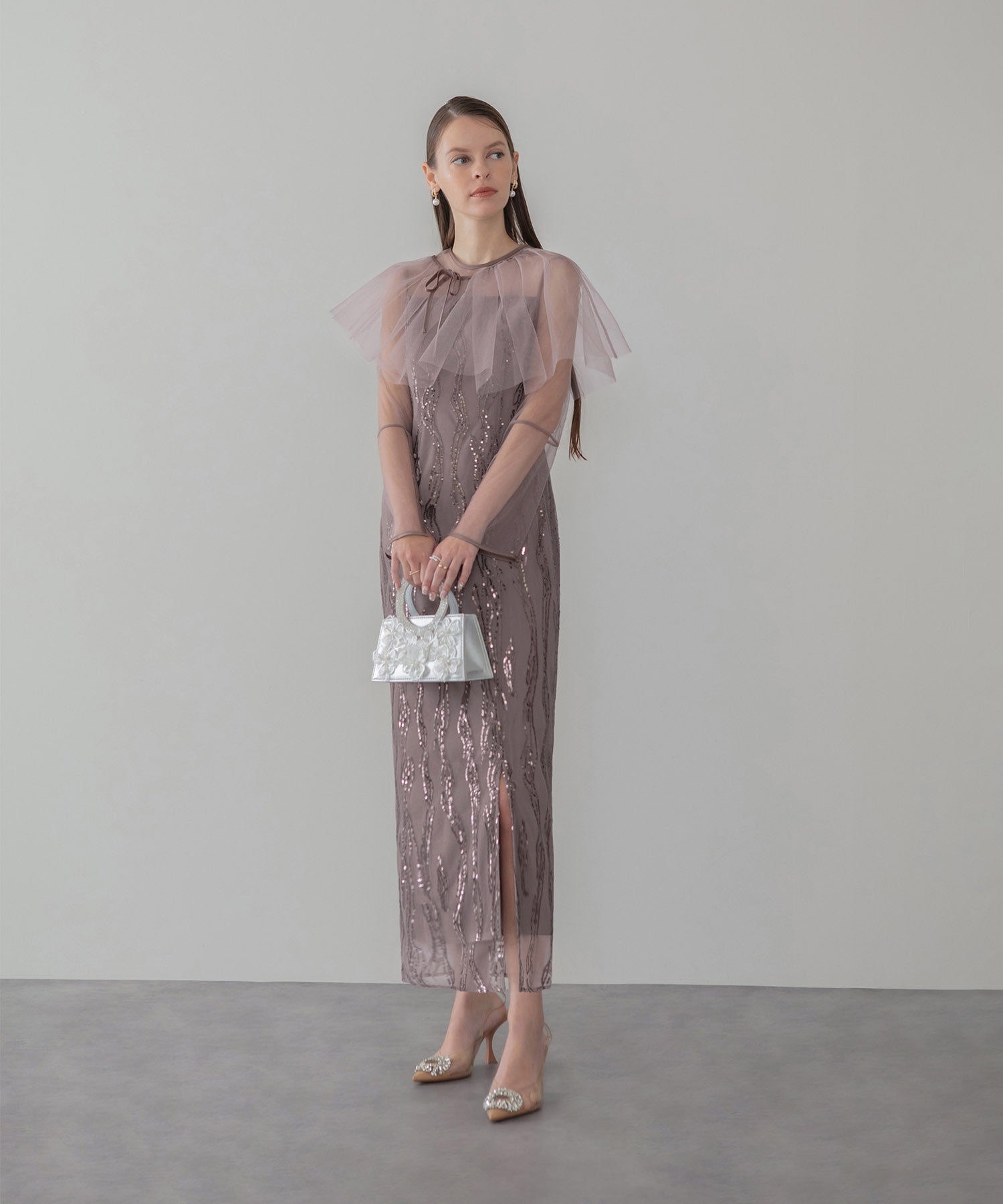 【当日発送】シアーケープスパンコールIラインワンピースドレス