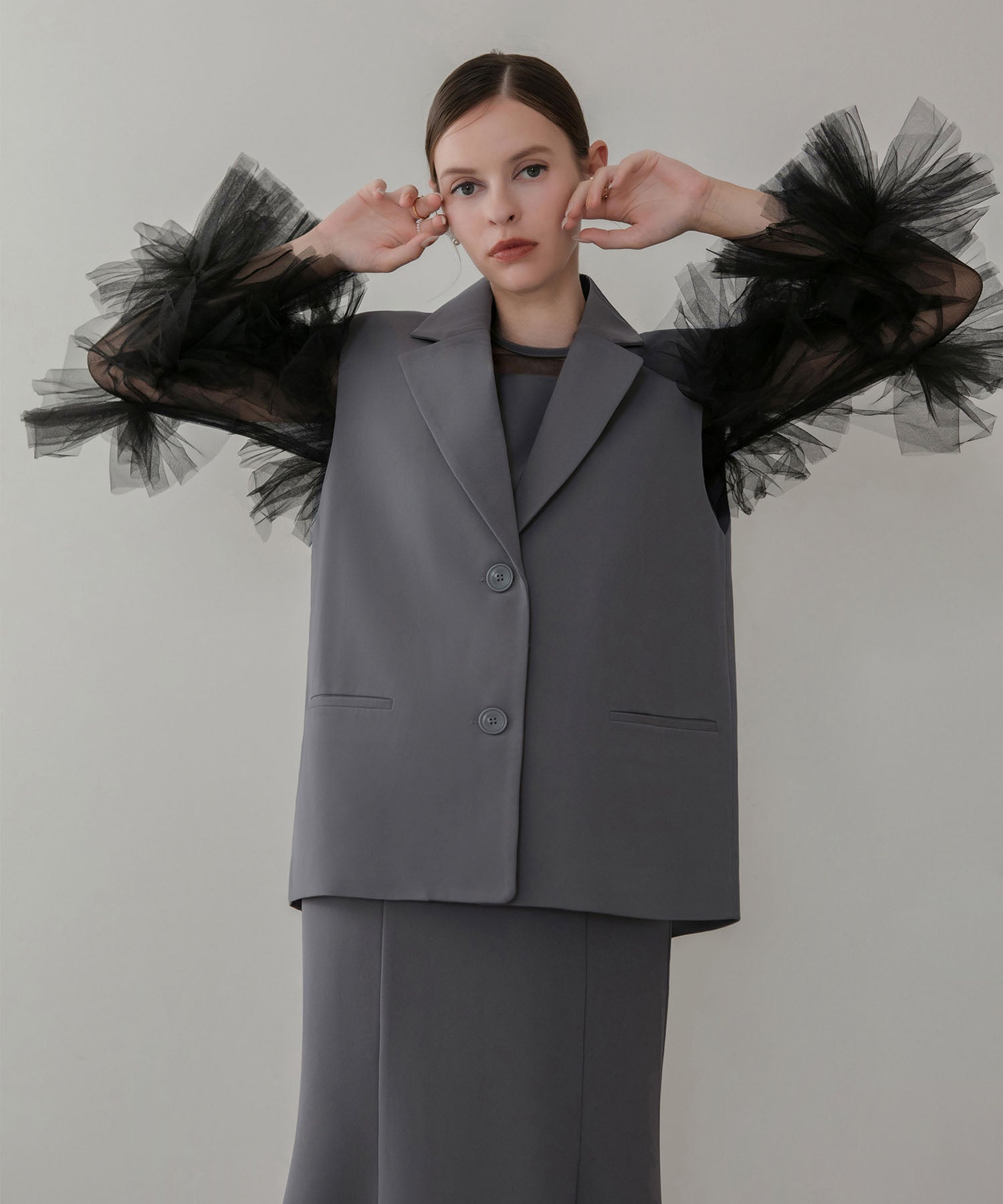 【当日発送】ボリュームチュールスリーブベストセットアップドレス