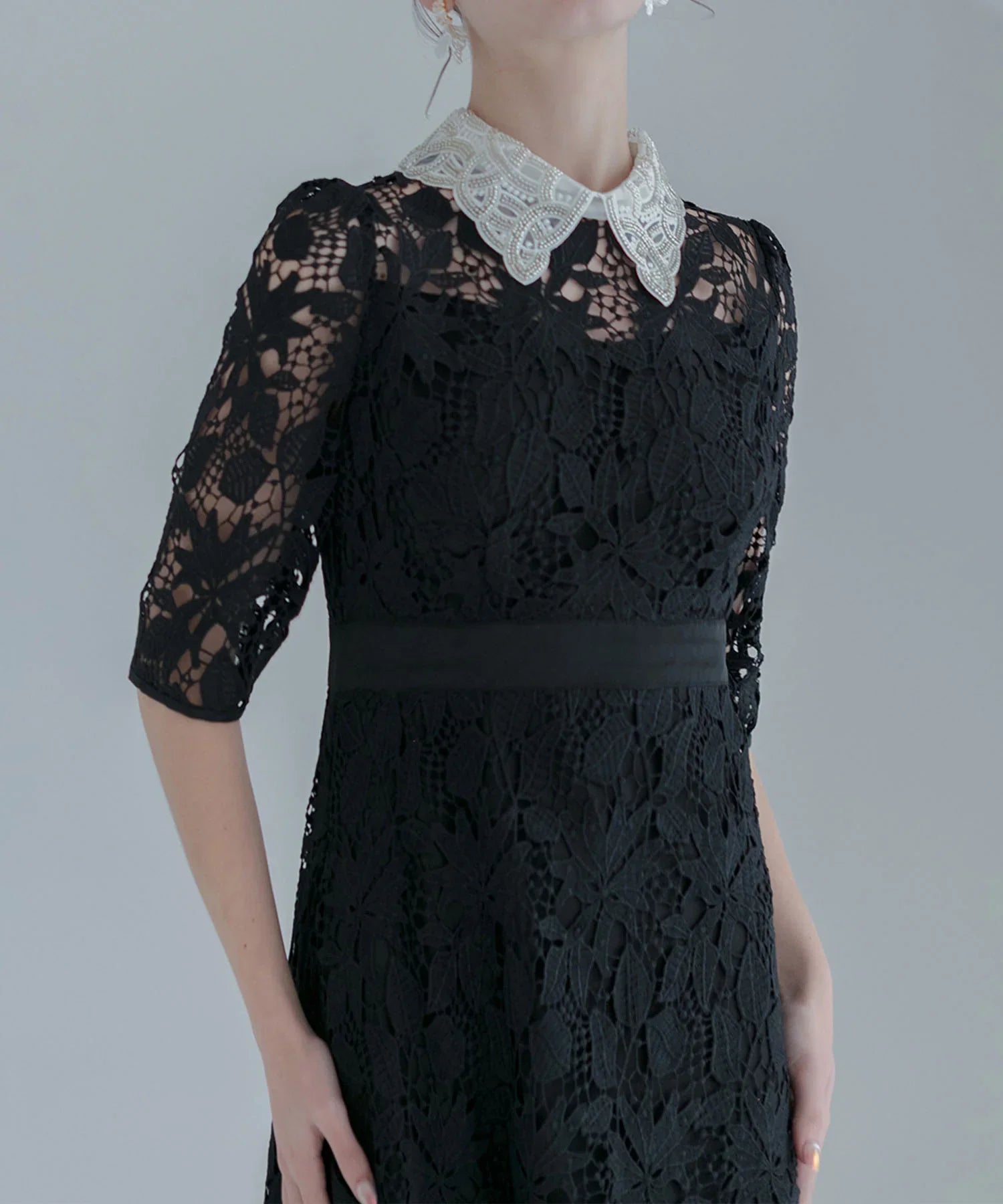 【一部当日発送】花柄レースビジューカラーAラインワンピースドレス