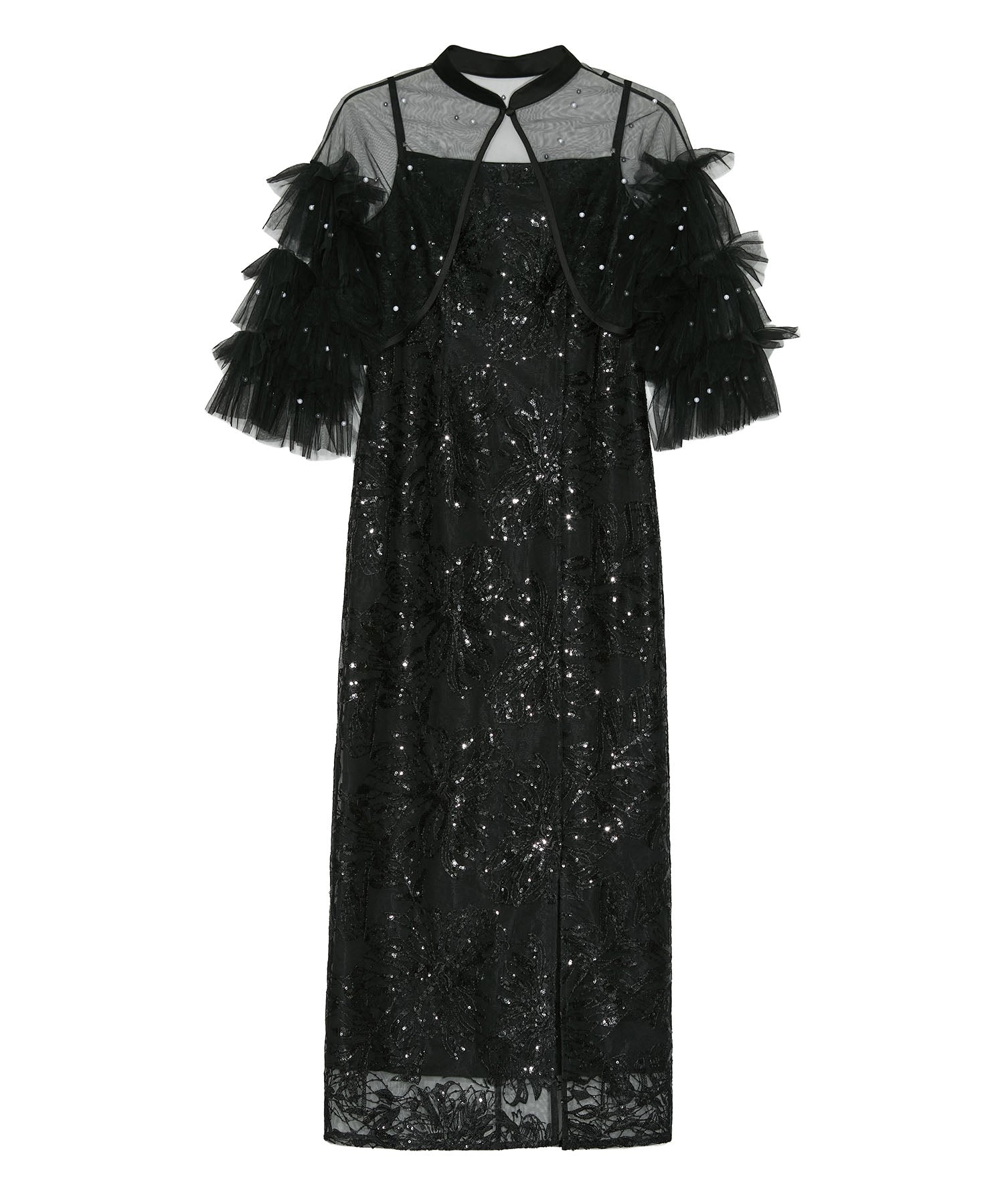 【一部当日発送】パールフリルチュールボレロレイヤードIラインワンピースドレス