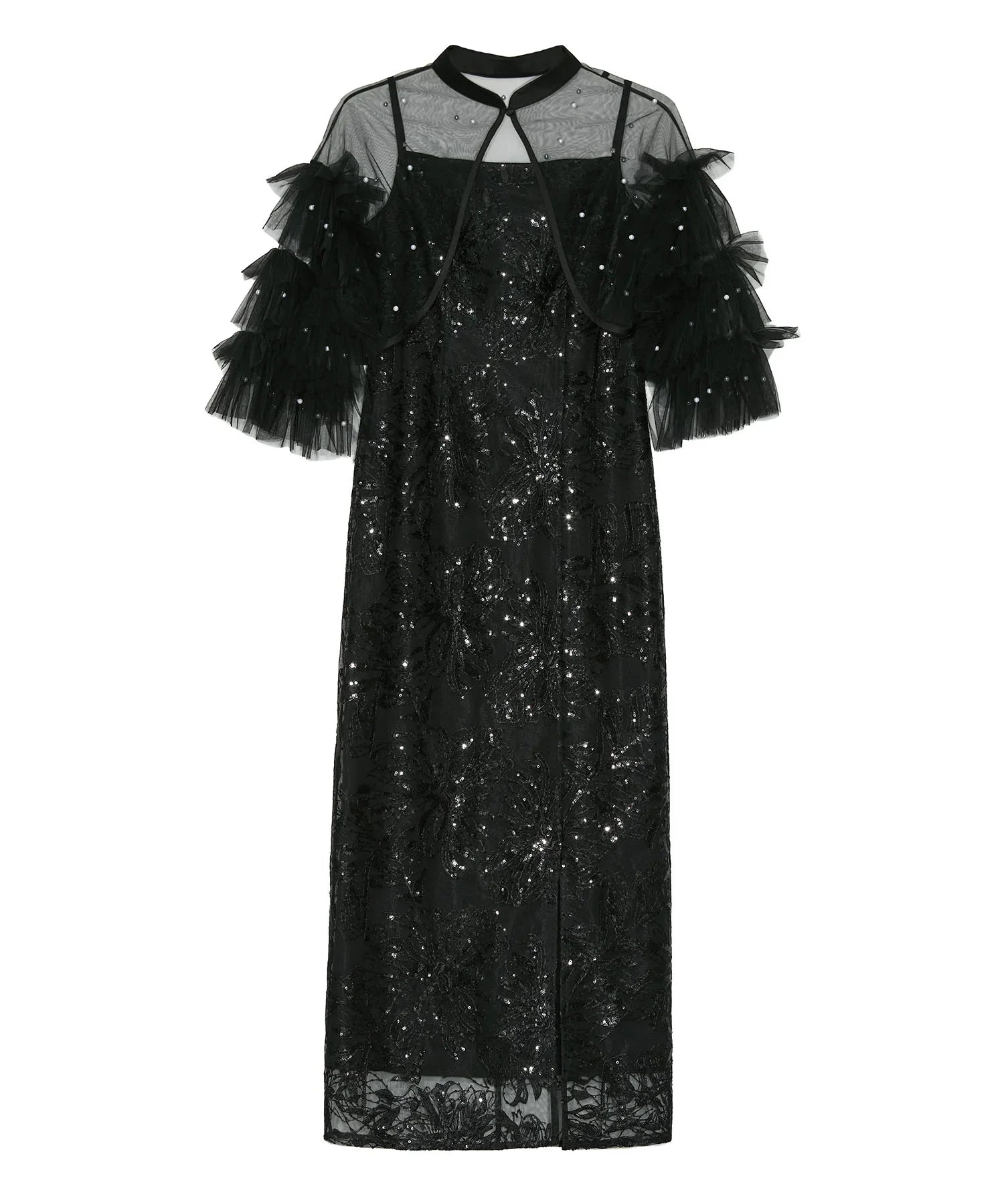 【当日発送】パールフリルチュールボレロレイヤードIラインワンピースドレス