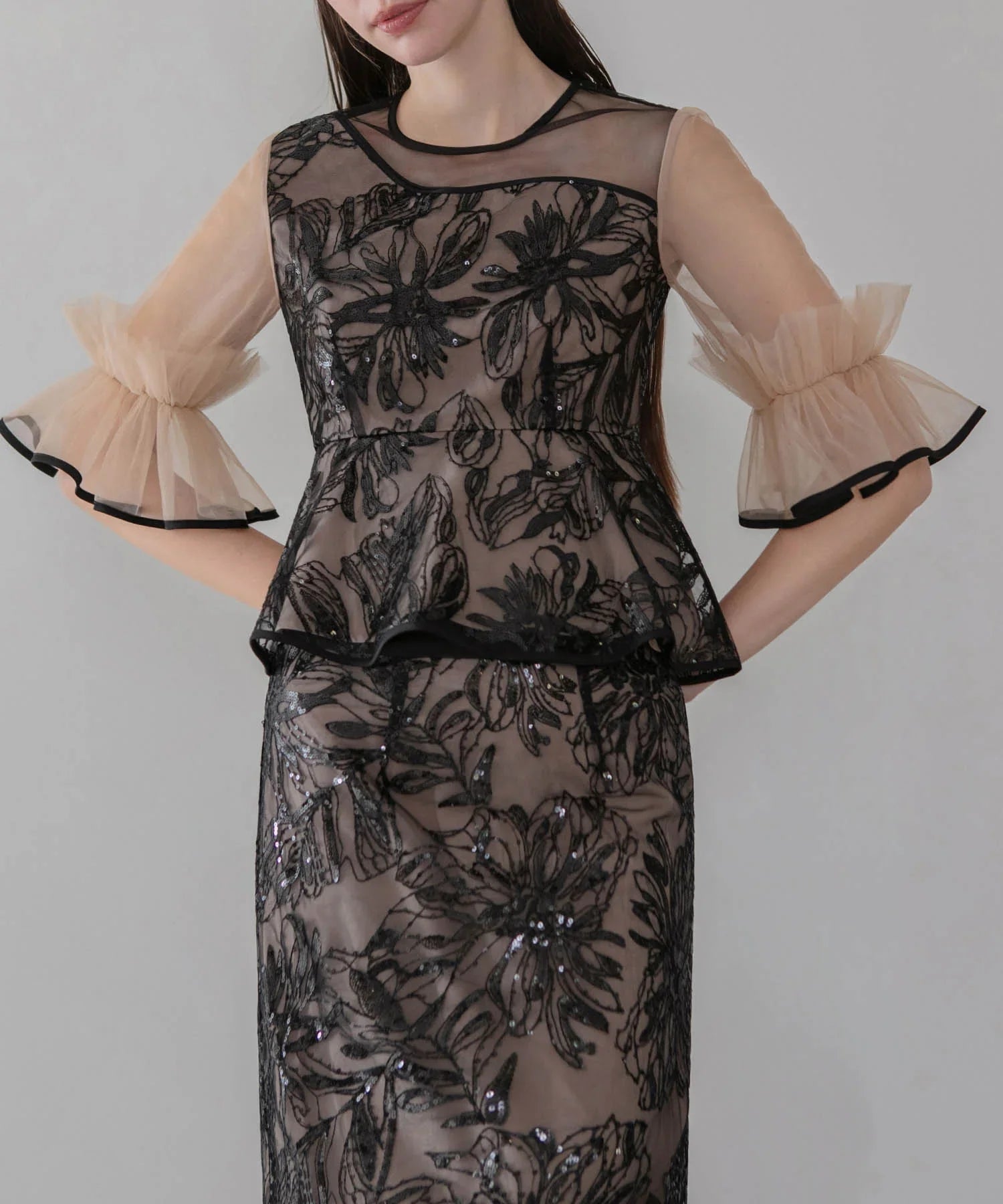 【当日発送】アシンメトリーシアーフラワースパンコールフリルチュール セットアップドレス