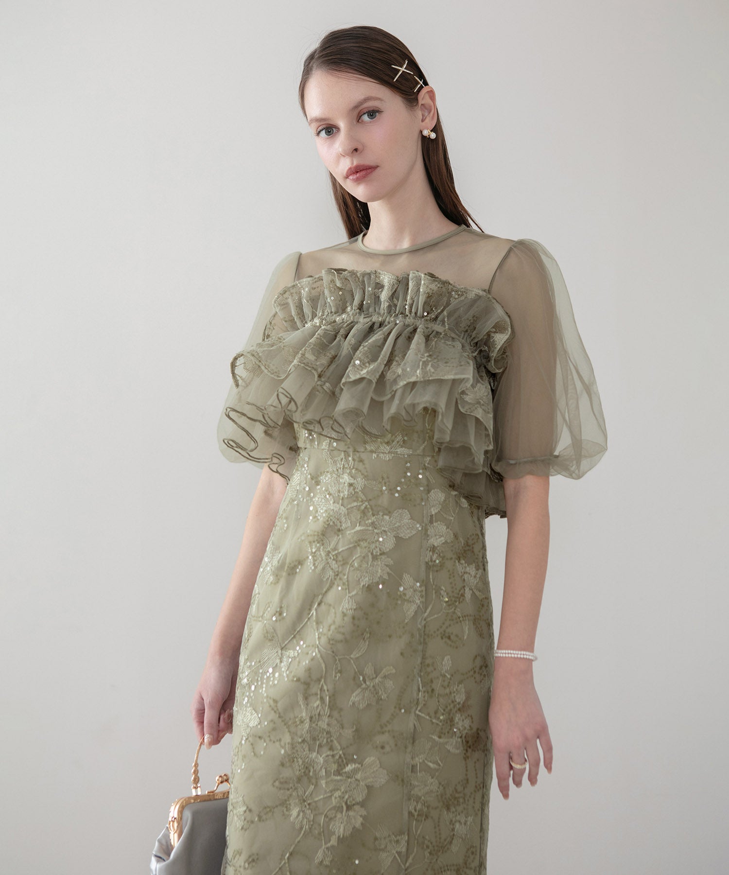 【一部当日発送】3WAYチュールラッフルフラワースパンコールIラインワンピースドレス