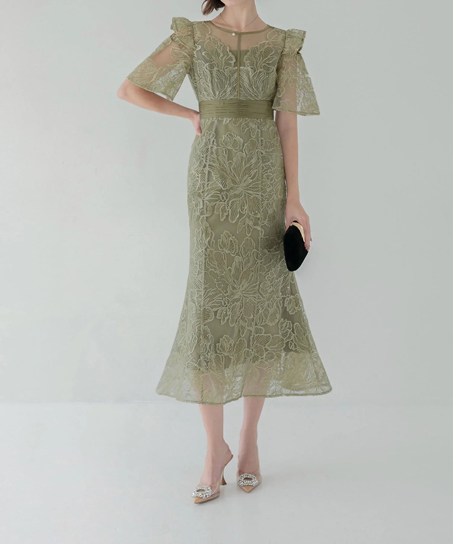 【当日発送】フラワーレースシアーフリルマーメイドワンピースドレス