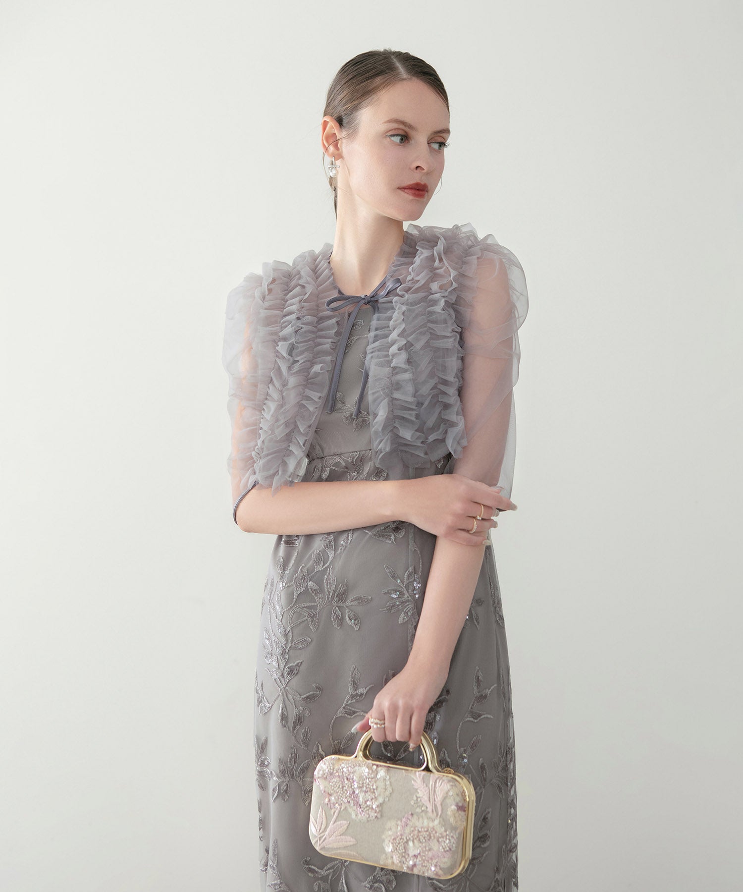 【当日発送】チュールフリルボレロフラワースパンコールIラインワンピースドレス