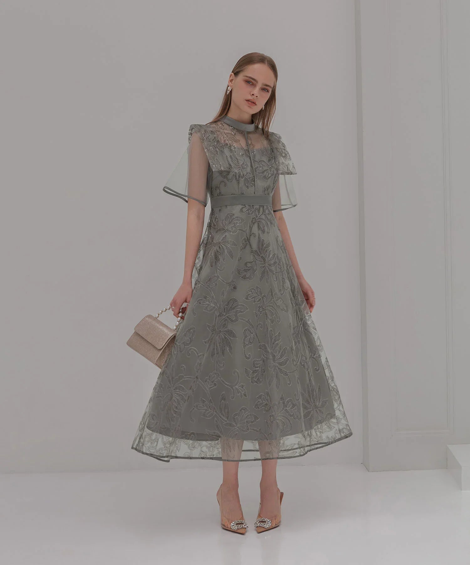 【一部当日発送】フラップデザインフラワースパンコールAラインワンピースドレス