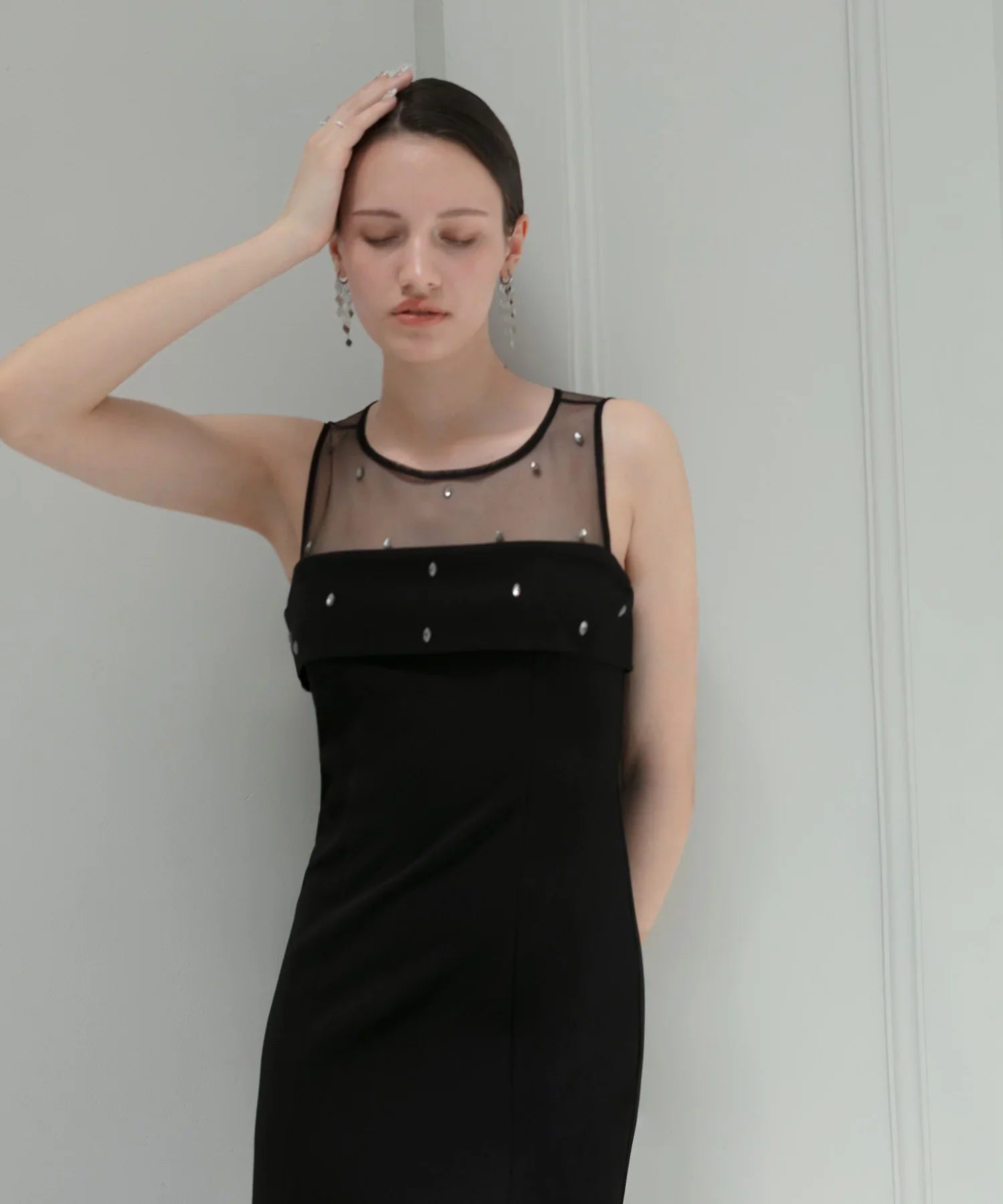 【LEJA LUXE】2WAY front sheer bejeweled I-line dress