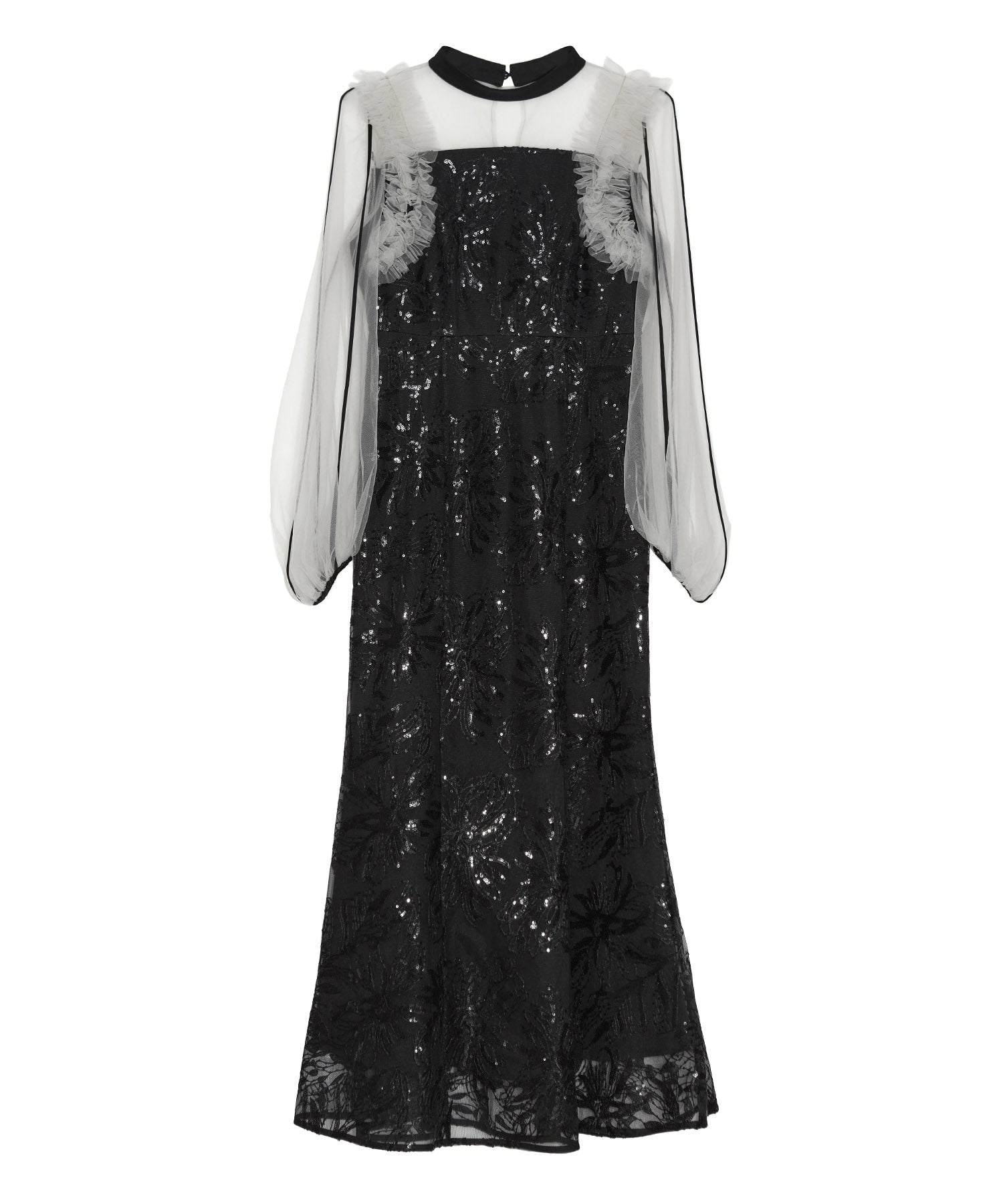 【当日発送】フラワースパンコールチュールフリルロングスリーブマーメイドワンピースドレス