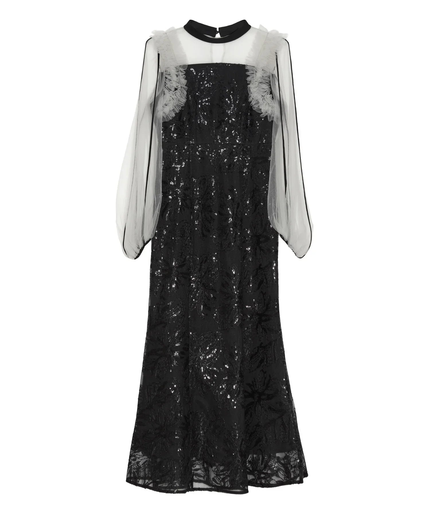 【当日発送】フラワースパンコールチュールフリルロングスリーブマーメイドワンピースドレス