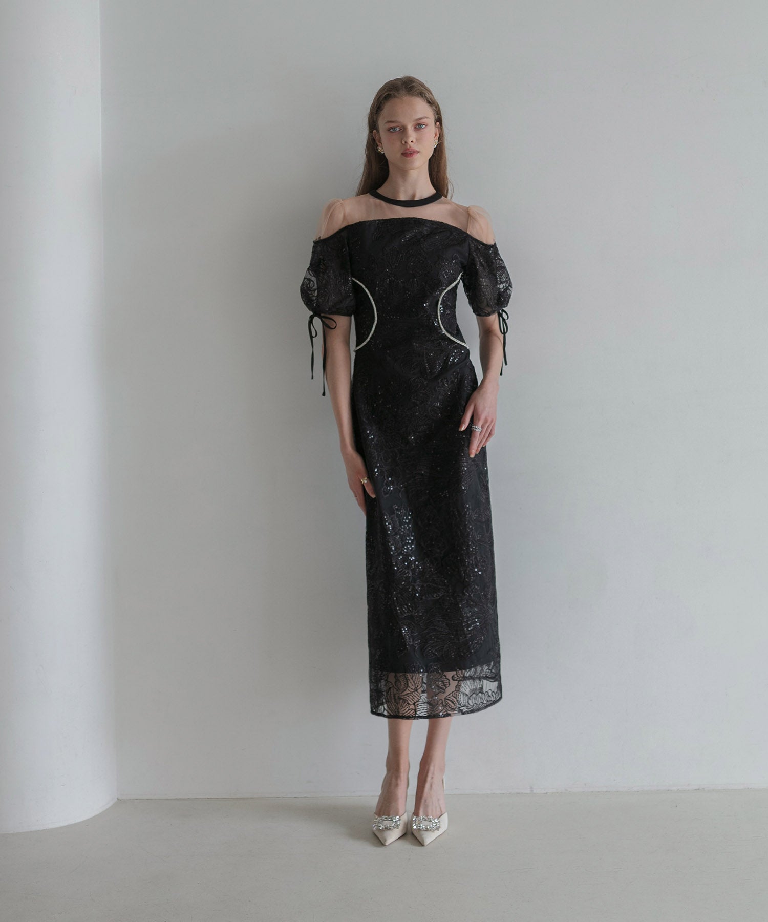 【SOLD OUT】スパンコールウエストデザインIラインワンピースドレス