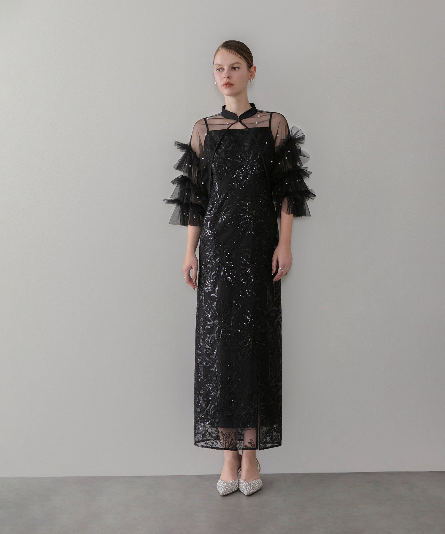 【一部当日発送】パールフリルチュールボレロレイヤードIラインワンピースドレス