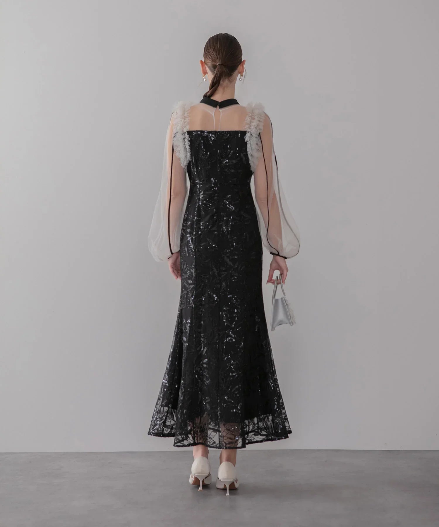 【当日発送】フラワースパンコールチュールフリルロングスリーブマーメイドワンピースドレス