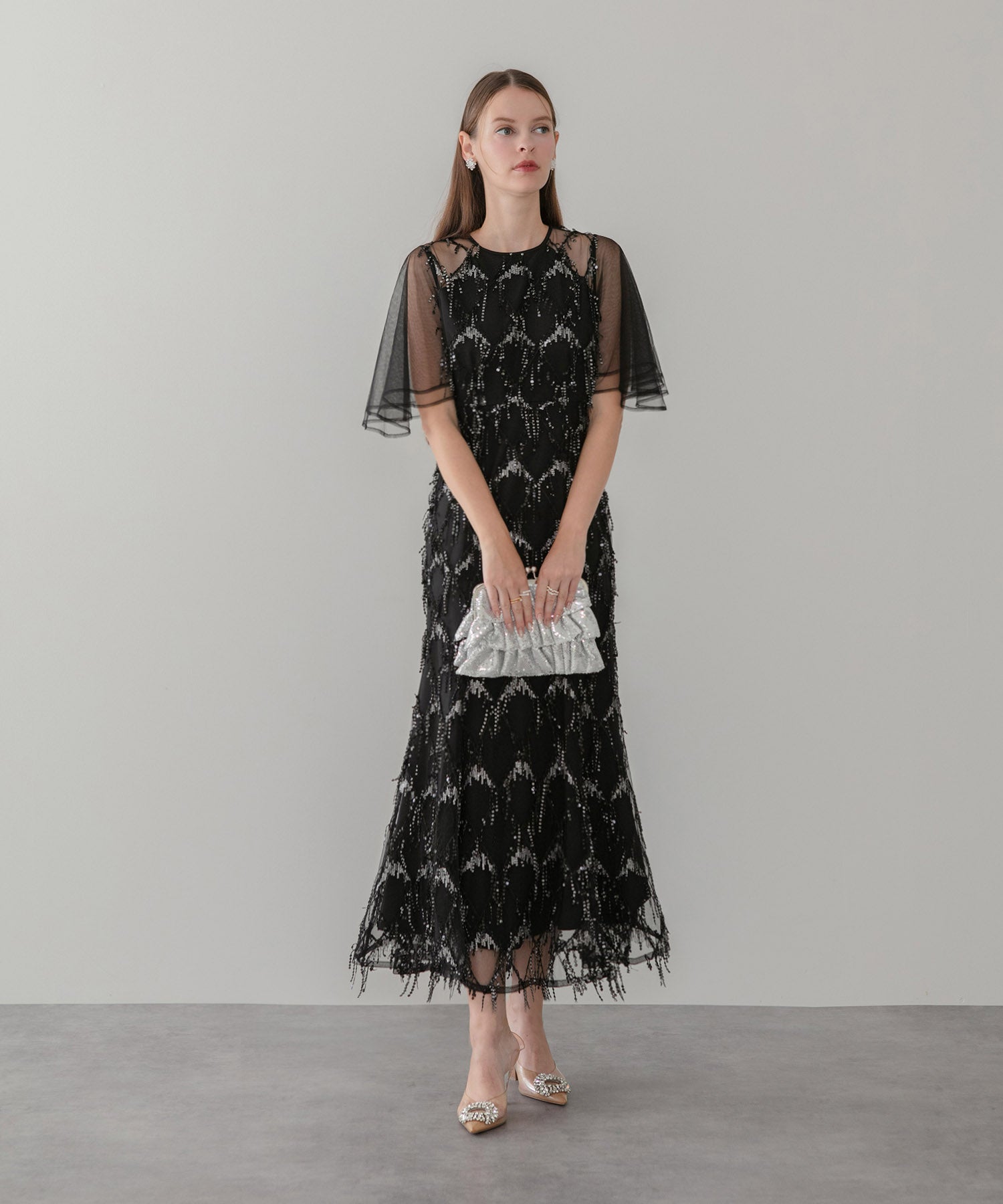 【当日発送】チュールスリーブスパンコールマーメイドワンピースドレス