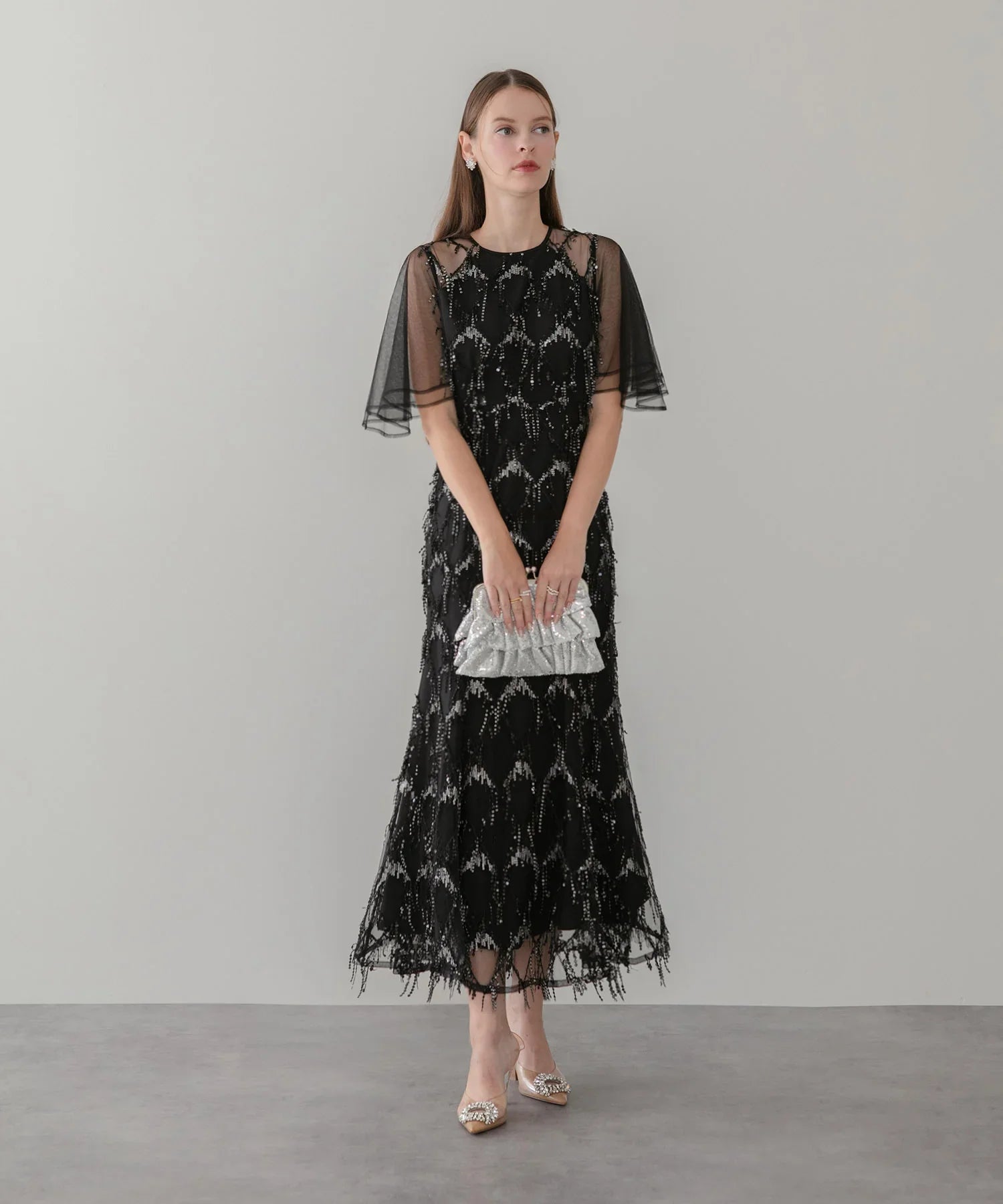 【当日発送】チュールスリーブスパンコールマーメイドワンピースドレス