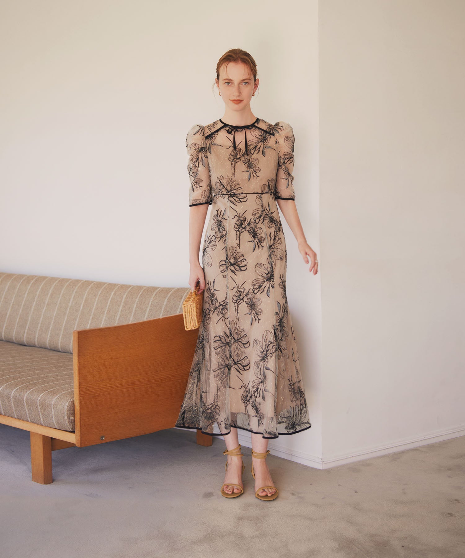 【当日発送】花柄リボンパフスリーブマーメイドワンピースドレス