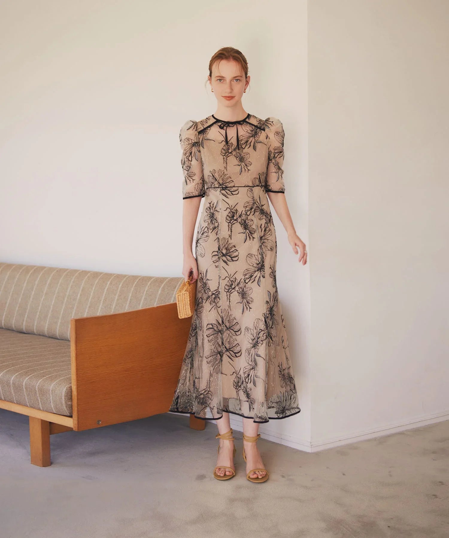 【当日発送】花柄リボンパフスリーブマーメイドワンピースドレス