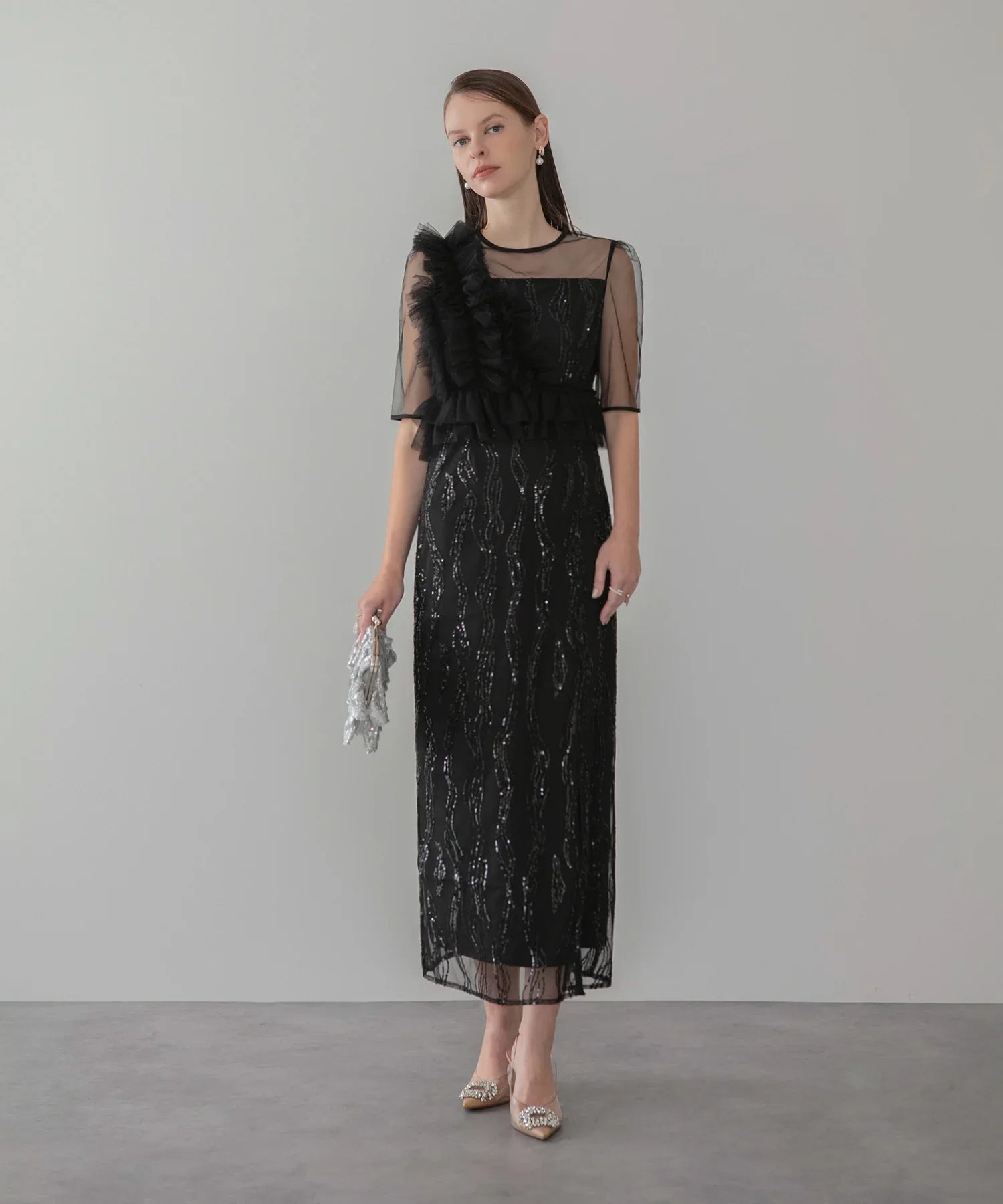 【当日発送】アシンメトリーフリルチュールIラインワンピースドレス