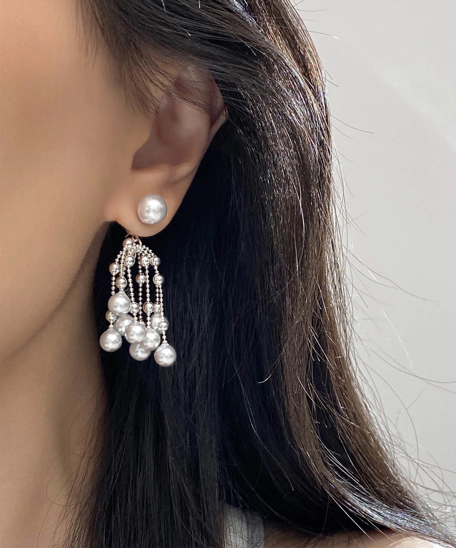 【当日発送】シルバーボールチェーンパールドロップピアス