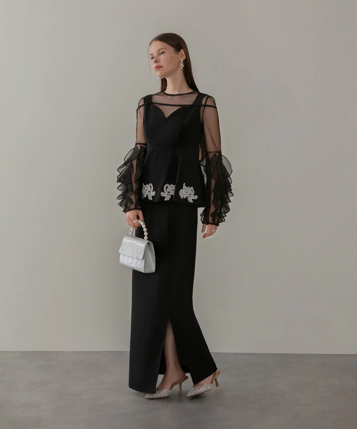 【当日発送】シアースリーブフリルペプラムタイトスカートセットアップドレス