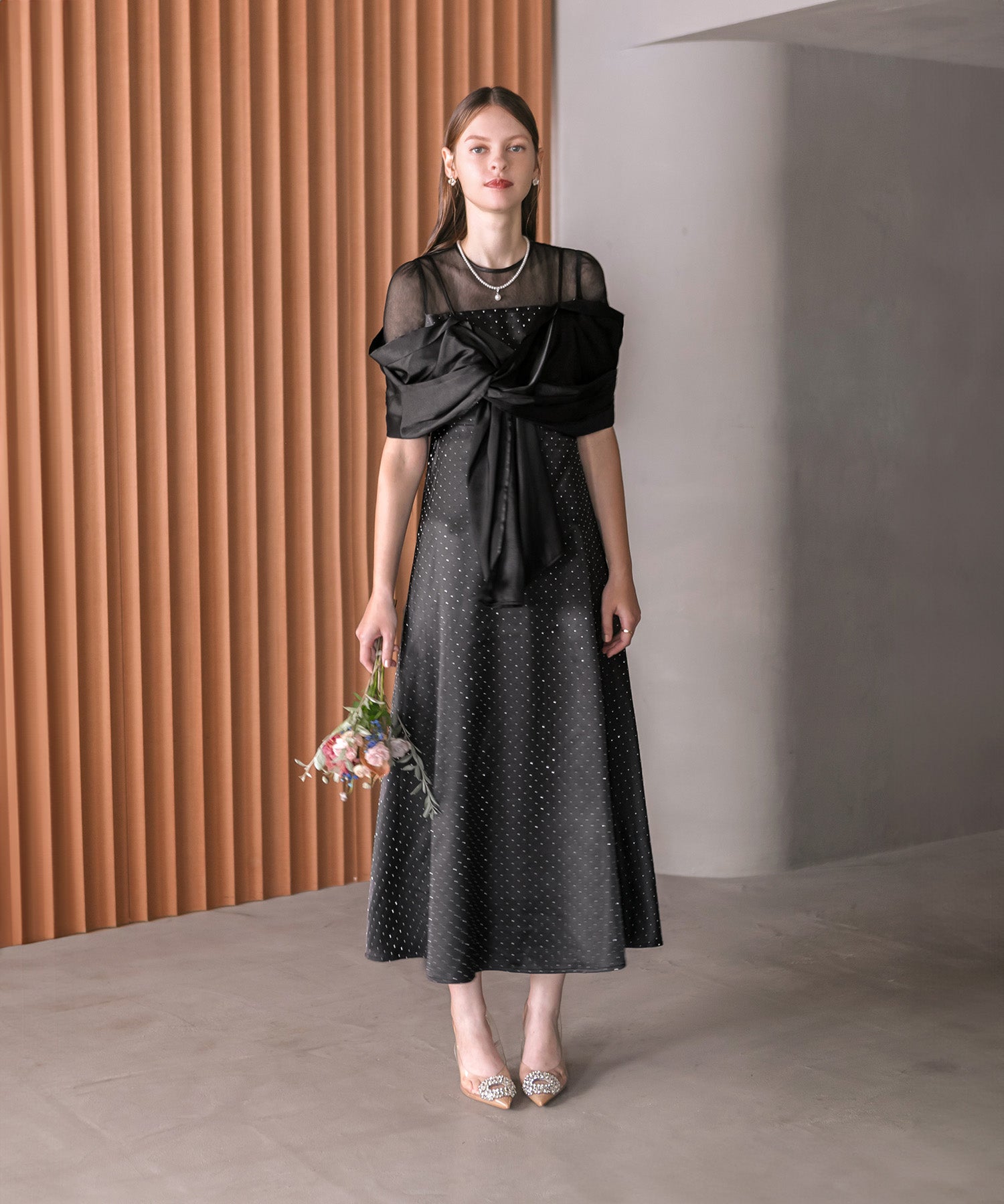 【SOLD OUT】2WAYリボンボレロドットストーンワンピースドレス