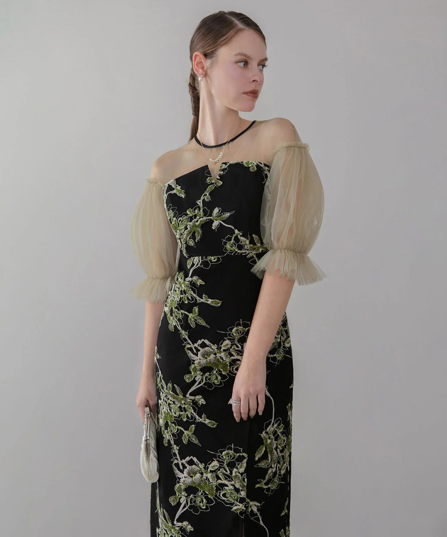 【当日発送】フラワーリリーフマテリアルボリュームスリーブIラインワンピースドレス