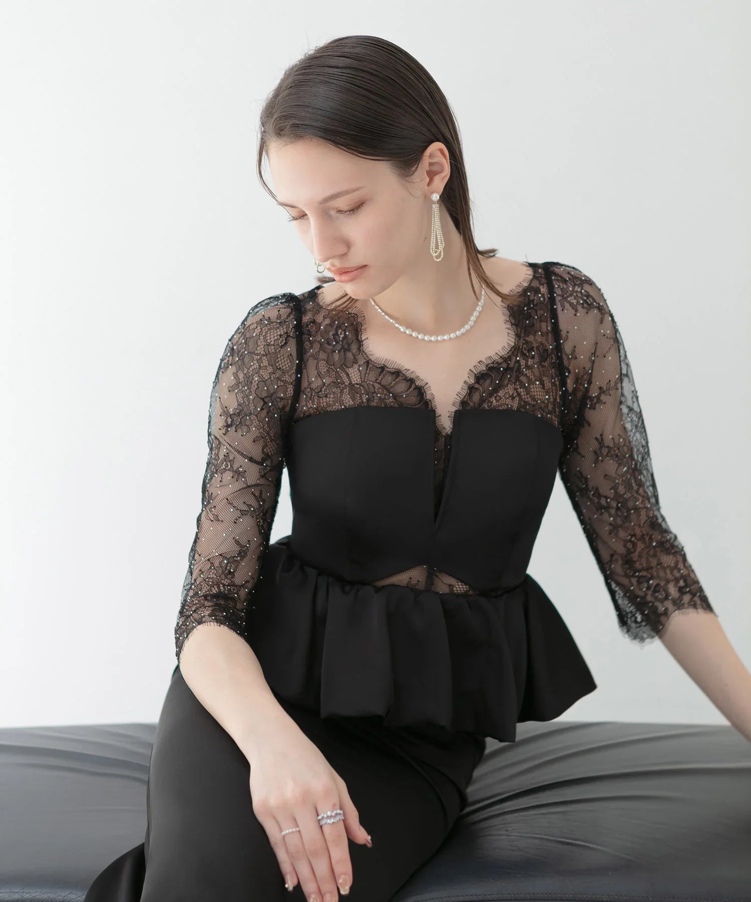 【LEJA LUXE】Lace stone peplum mermaid dress