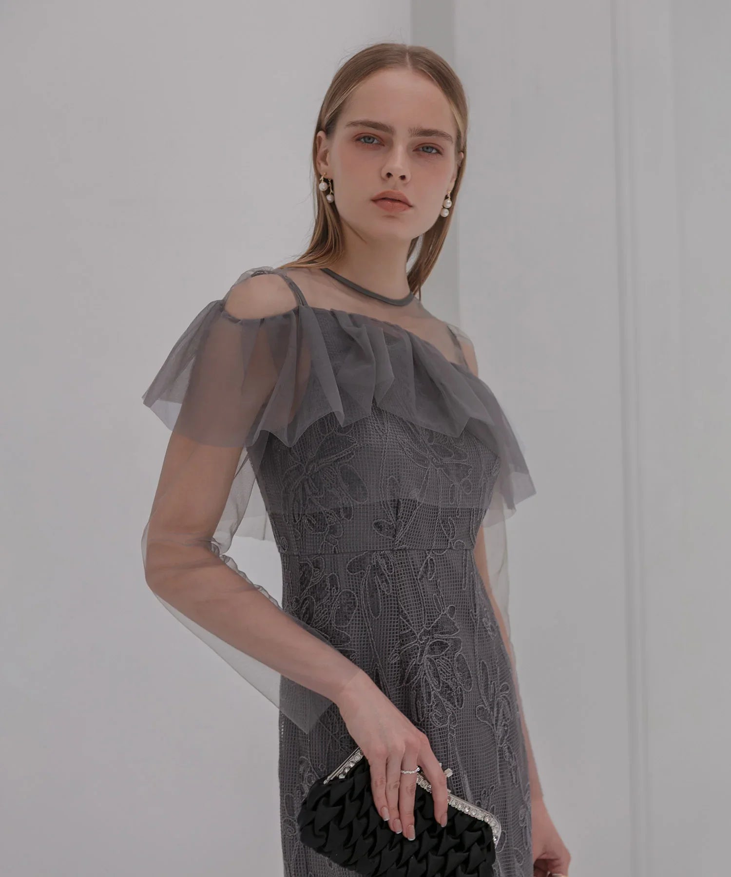 【当日発送】2WAYアシンメトリーフリルチュールフラワーIラインワンピースドレス