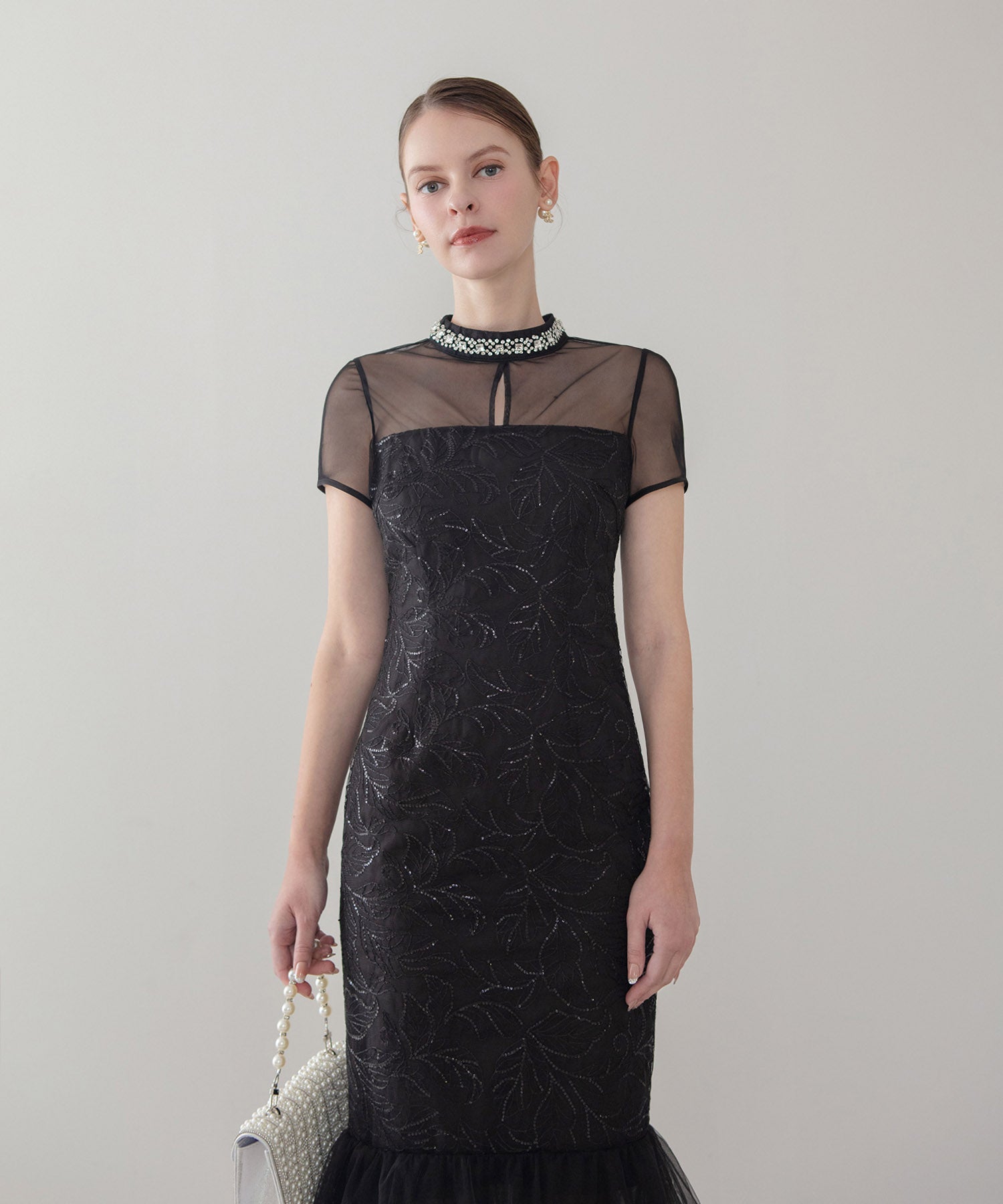 【LEJA LUXE】ネックビジュースパンコールシアーティアードマーメイドドレス