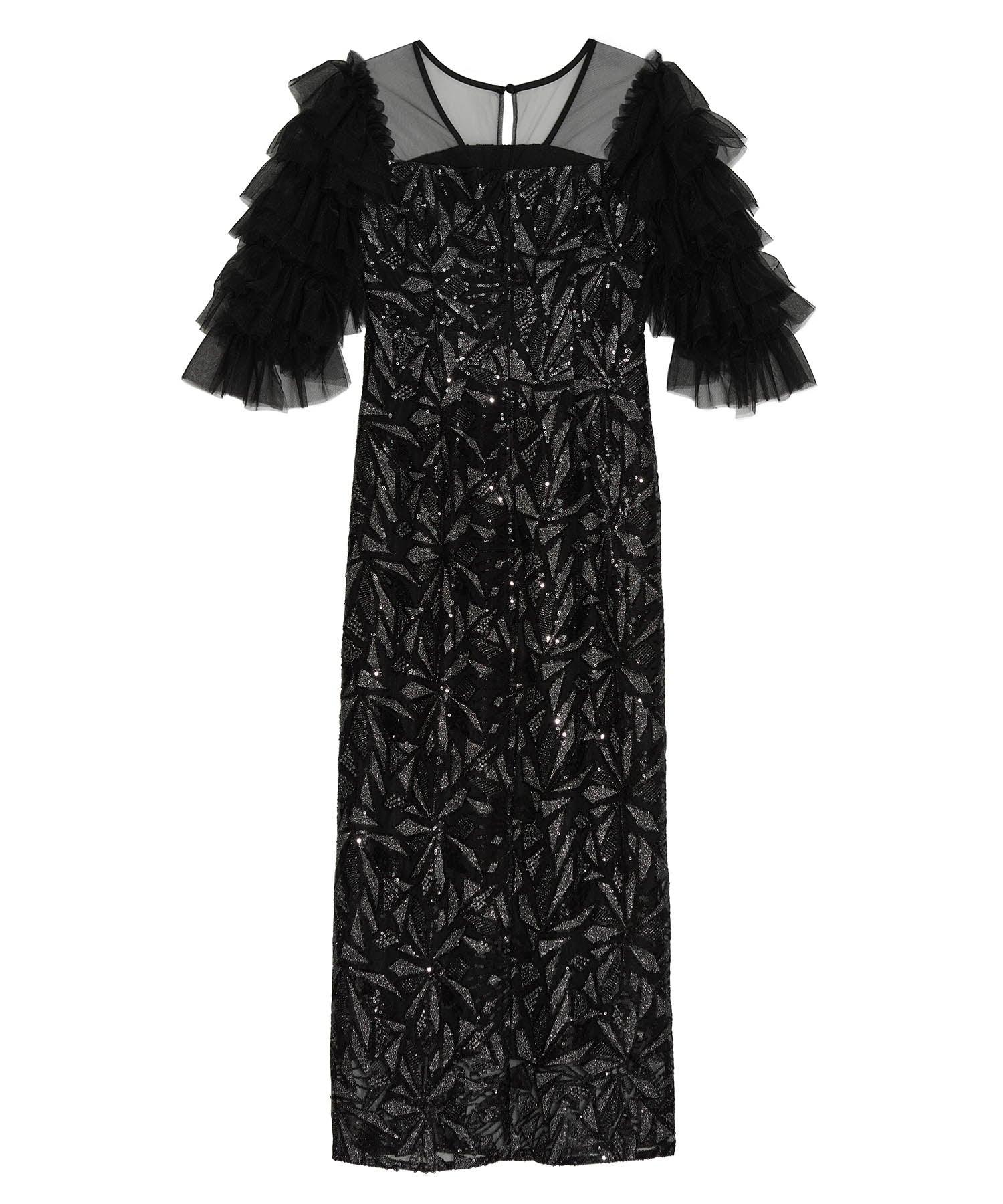 【当日発送】チュールフリルスリーブスパンコールIラインワンピースドレス