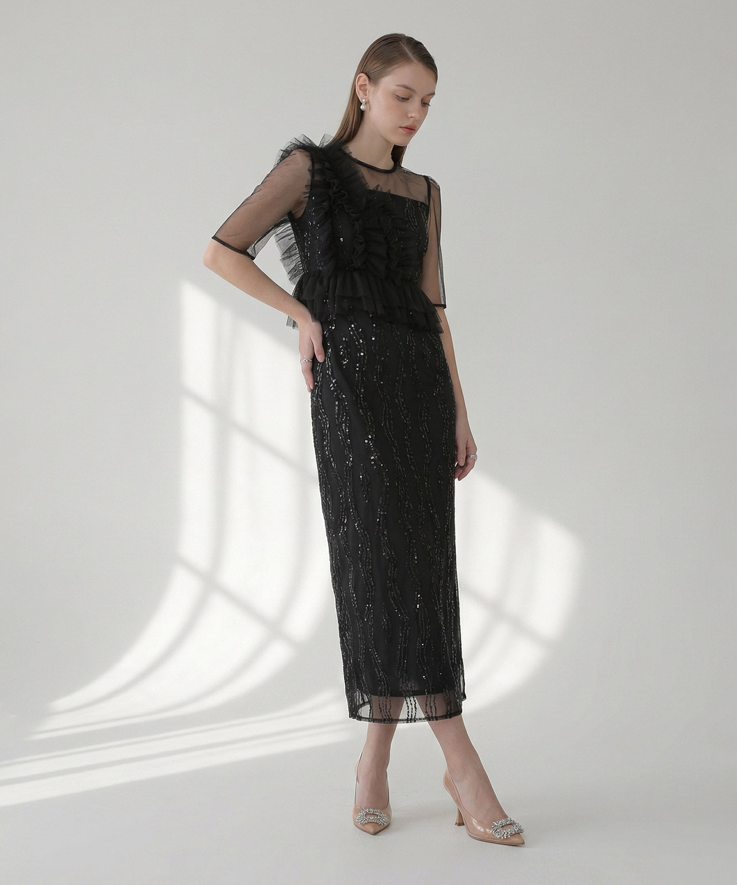 【当日発送】アシンメトリーフリルチュールIラインワンピースドレス