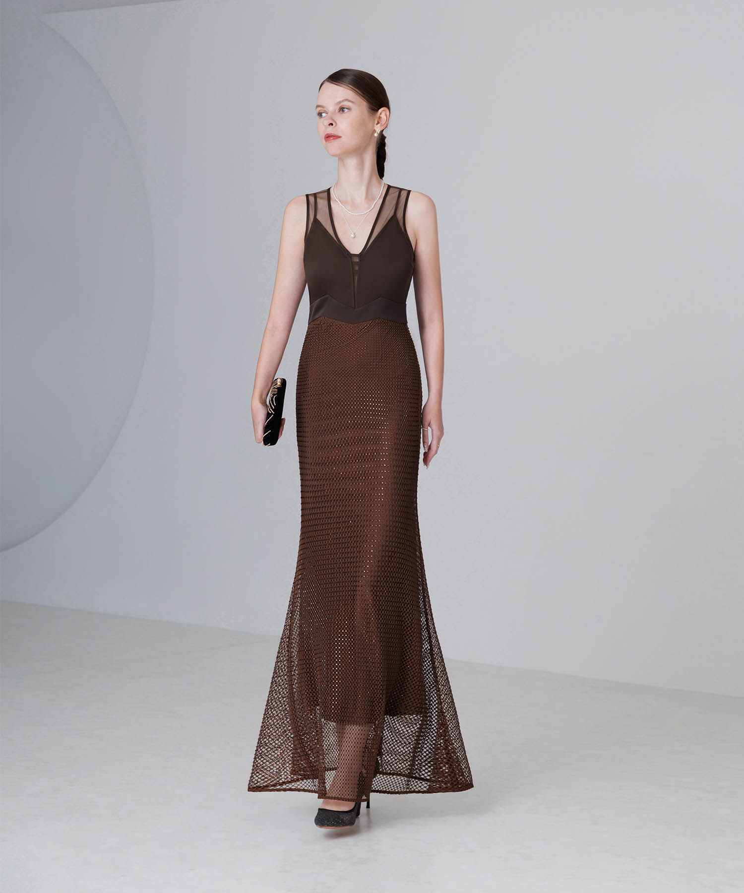 【LEJA LUXE】VネックメッシュストーンIラインドレス