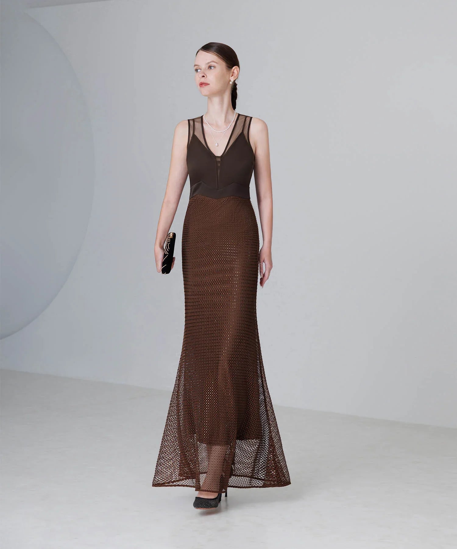 【LEJA LUXE】VネックメッシュストーンIラインドレス