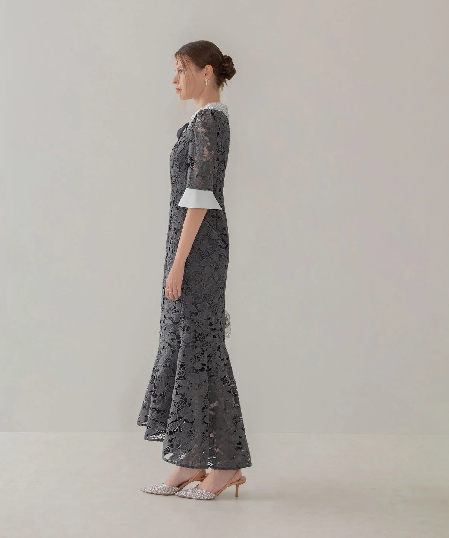 【一部当日発送】パールカラーボウタイフラワーレースフィッシュテールワンピースドレス