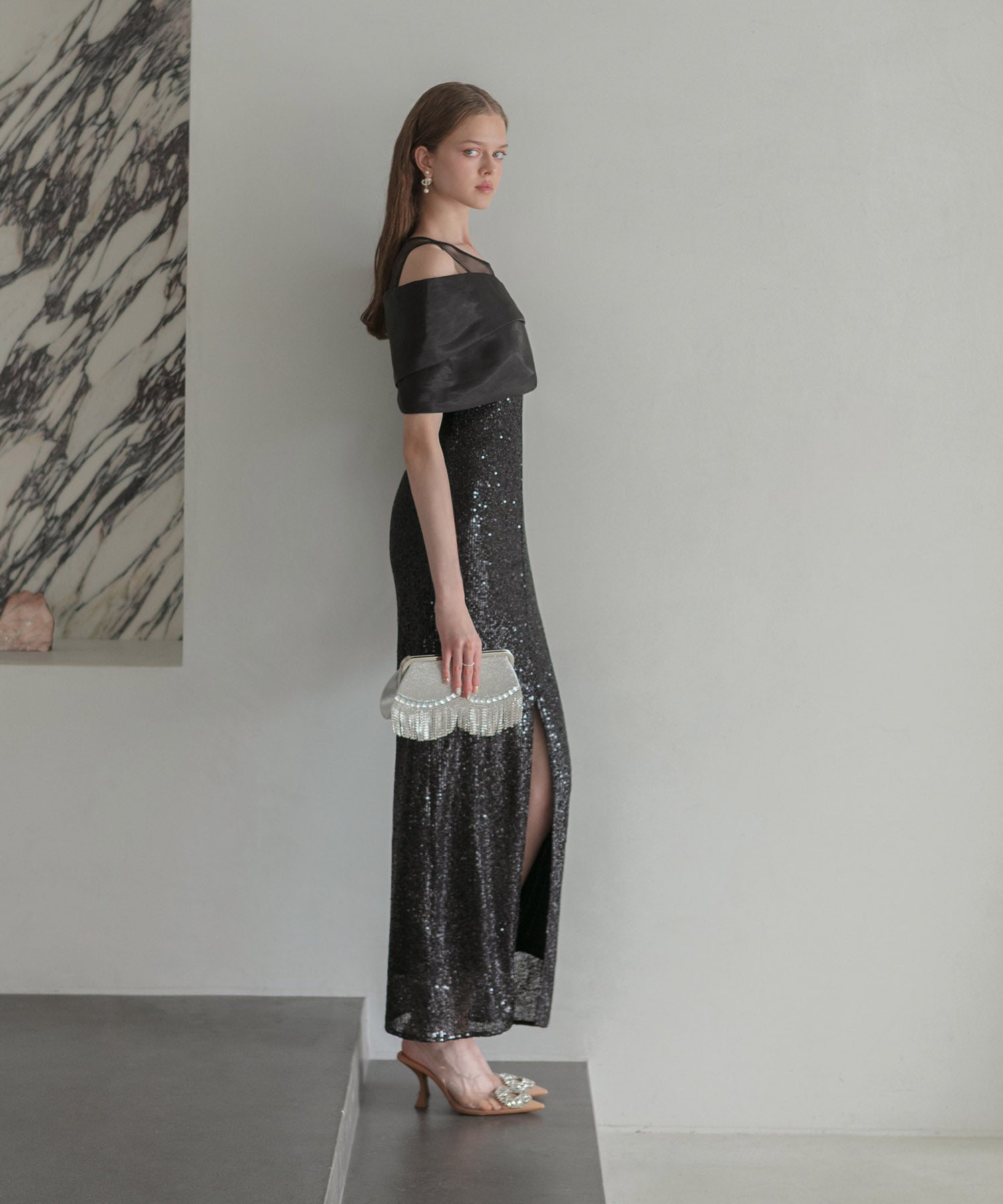 【LEJA LUXE】シースルーアシンメトリースパンコールスリットIラインドレス