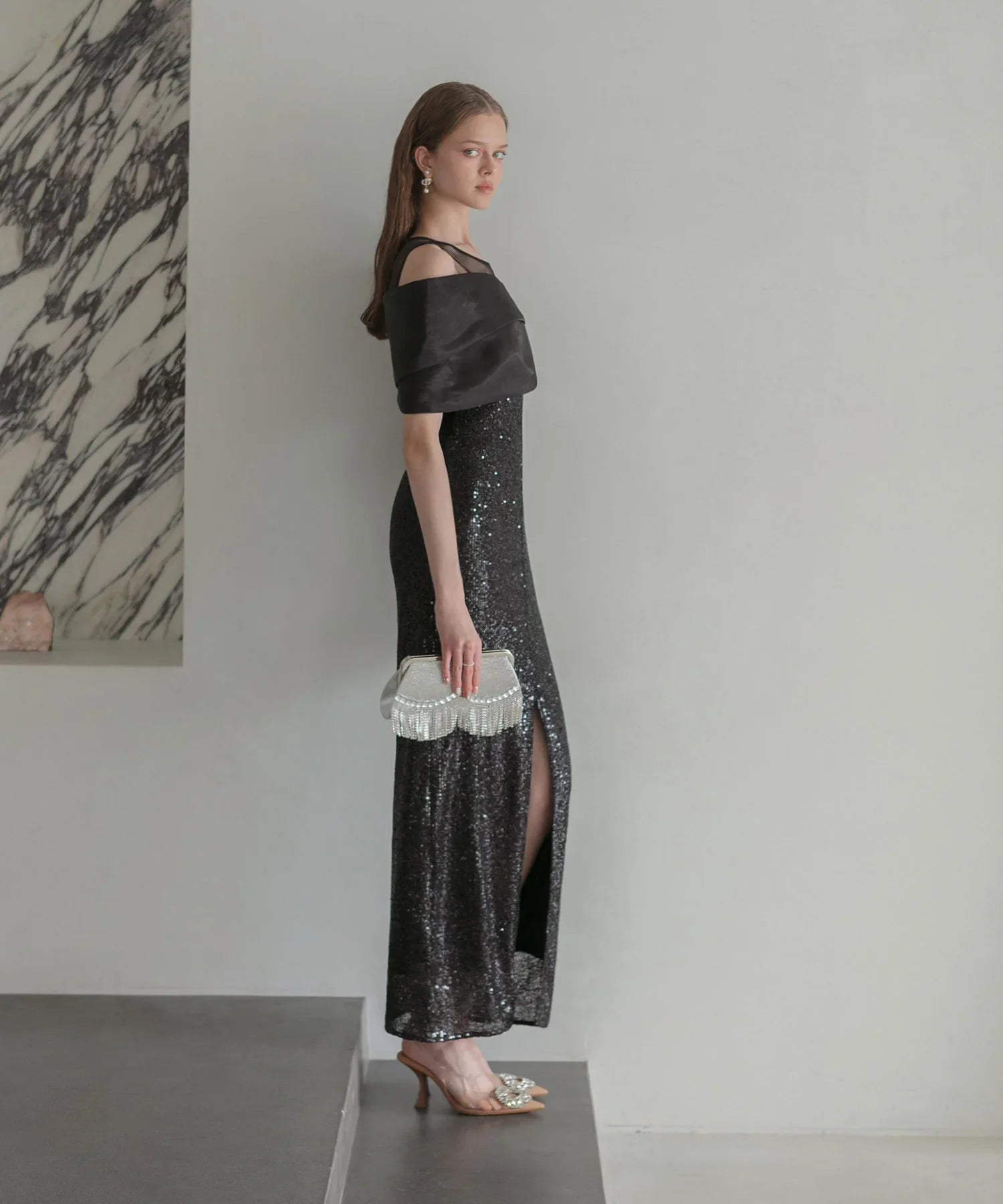 【LEJA LUXE】シースルーアシンメトリースパンコールスリットIラインドレス