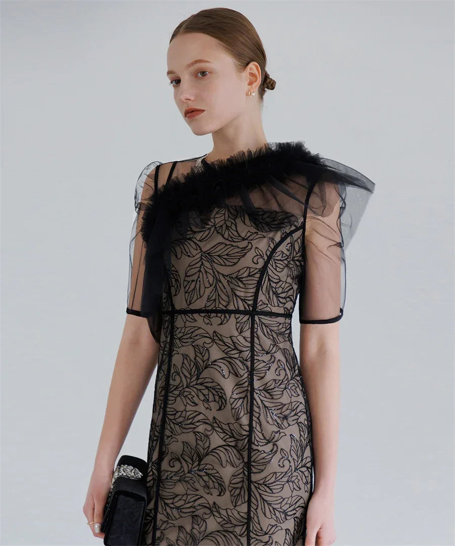 【当日発送】3WAYフラワーチュールアシンメトリーIラインワンピースドレス