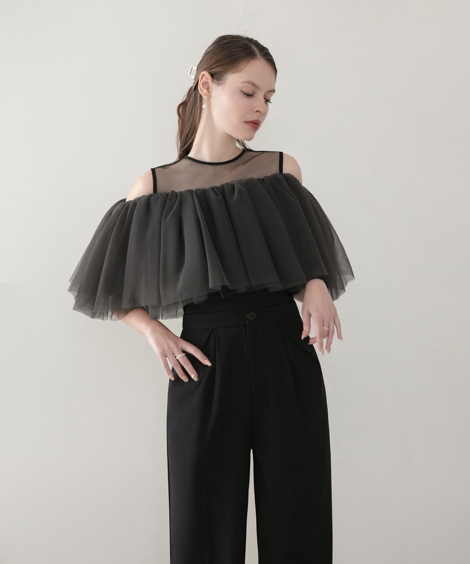 【当日発送】シアーチュールオフショルダーセットアップパンツドレス