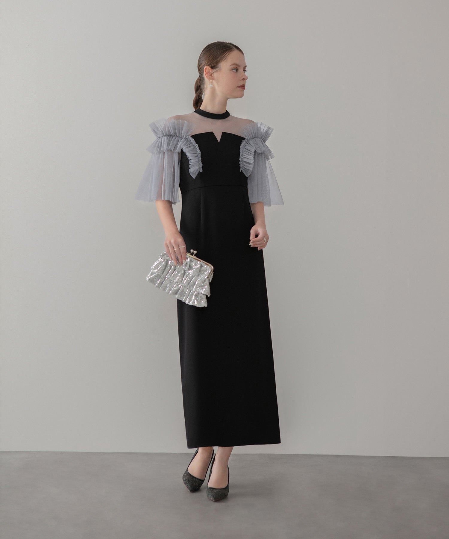 【当日発送】チュールフリルショルダーシアーIラインワンピースドレス