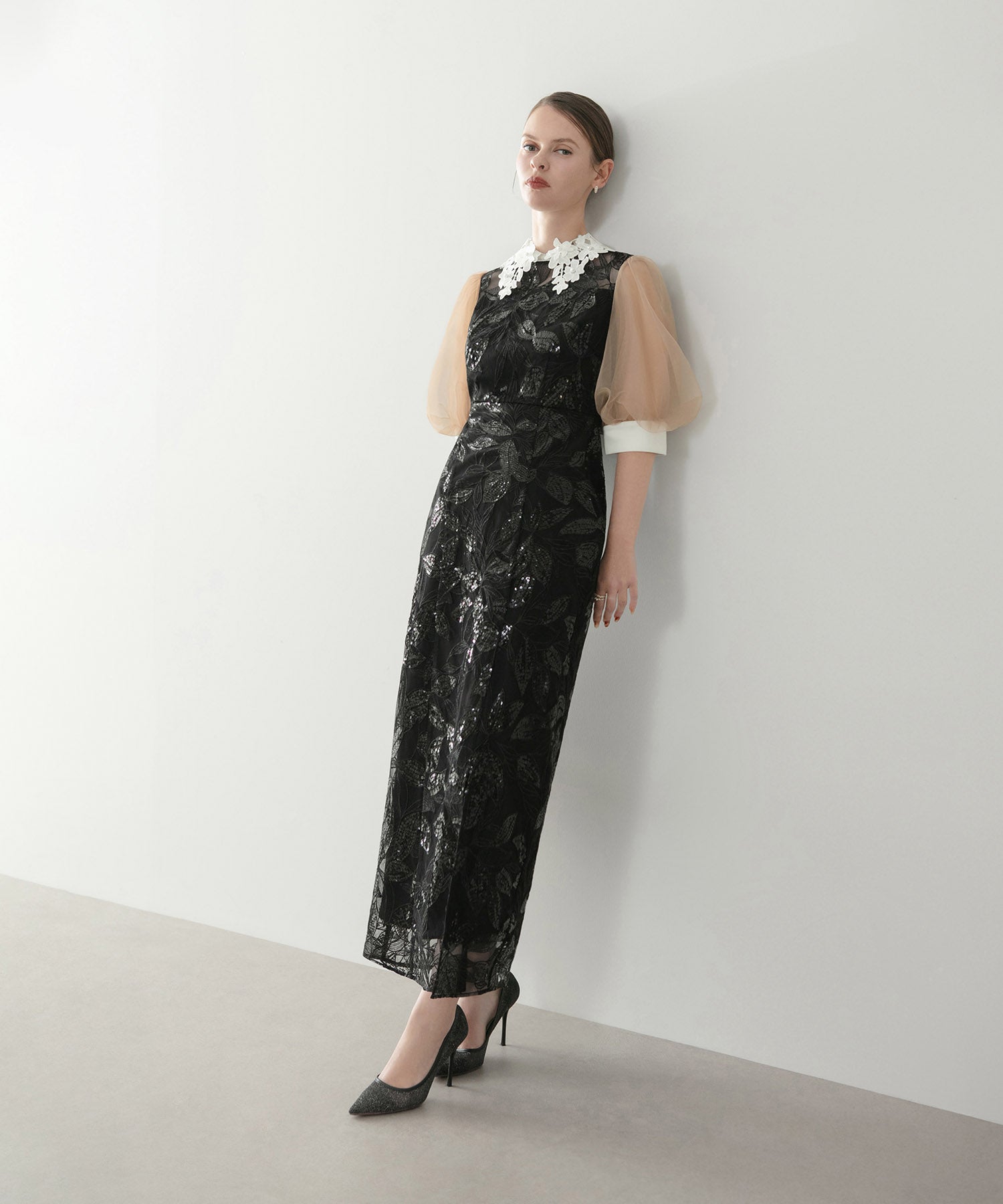 【当日発送】レースカラーリーフスパンコールパフスリーブIラインワンピースドレス