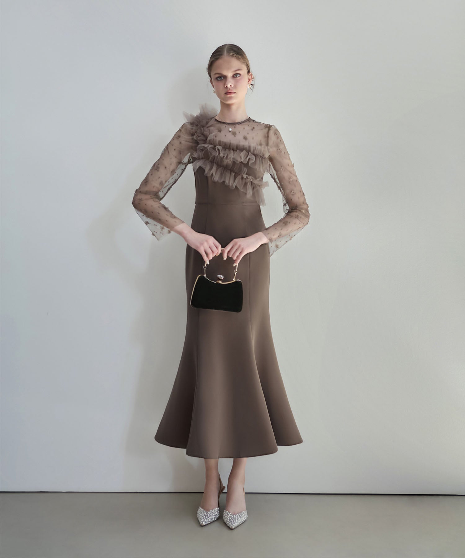 【当日発送】フラワーモチーフアシンメトリーチュールマーメイドワンピースドレス